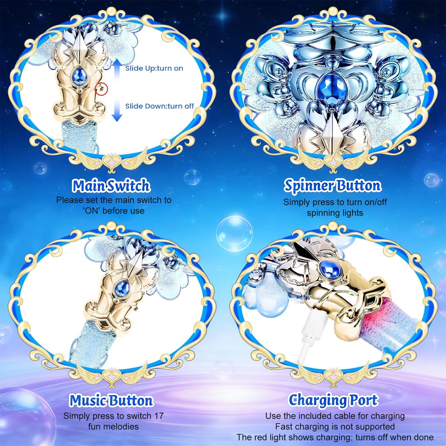 PATPAT® Light-Up Princess Magic Wand with Music, USB Rechargeable LED Fairy Magic Stick with Heart Crown & Angel Wings, Fantasy Role-Play Magical Stick Costume Party, Cosplay, Pretend Play & Gifting