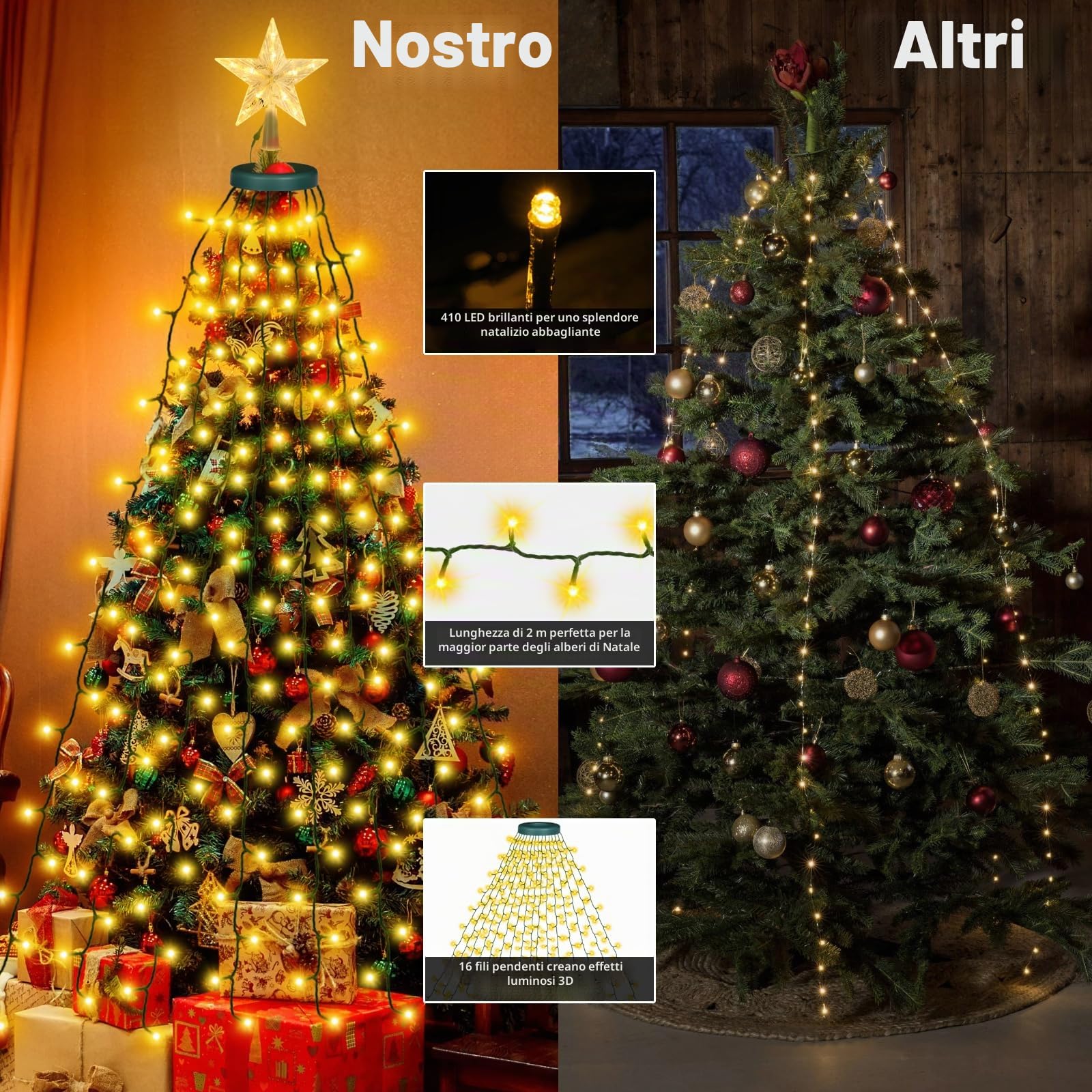Luci Albero Natale Esterno Cascata, 2Mx16 Fili 420LEDs Luci Albero Natale, 8 Modalità Luci di Natale per Albero con Anello, IP44 Impermeabile per Interni Esterni Giardino (Caldo-Star)