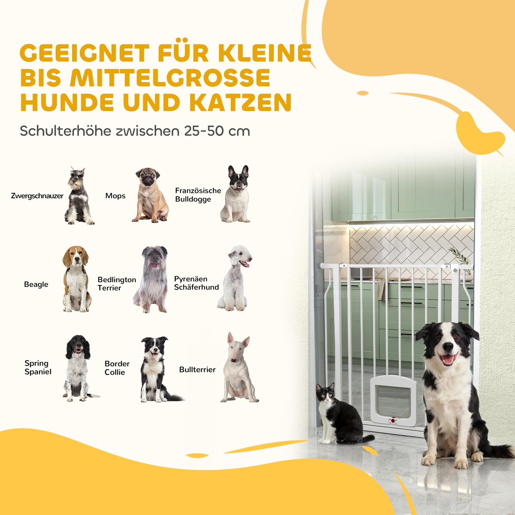 PawHut Treppenschutzgitter mit Katzenklappe ohne Bohren 75-85 cm Weiß