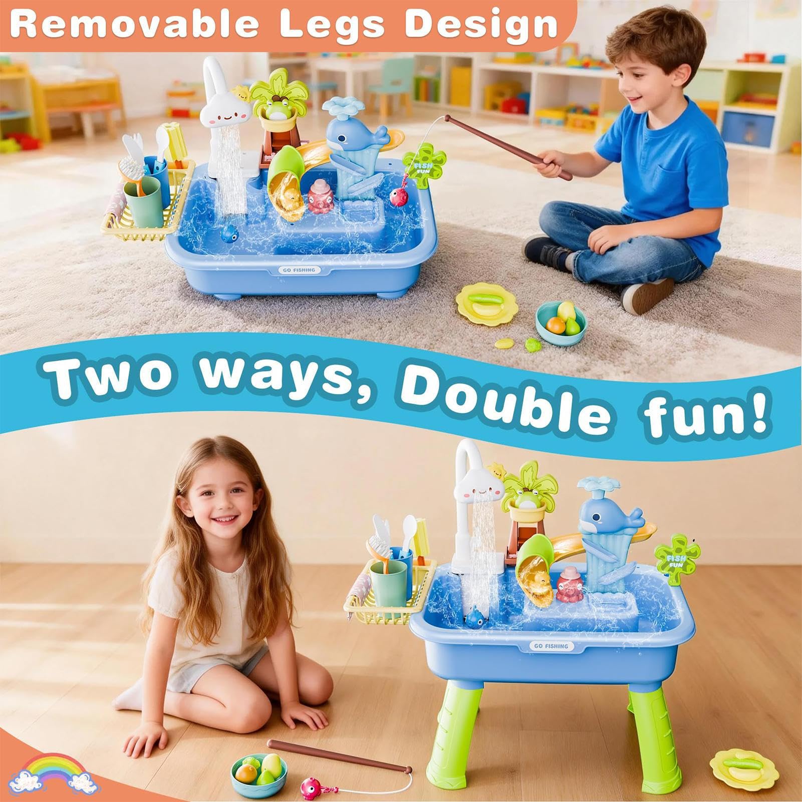 Générique Tables d'eau d'extérieur pour | Jeu de pêche - 4 en 1 évier Enfant avec Eau Courante et Pompe | pour de 4-8 Ans Cadeau Anniversaire été extérieur