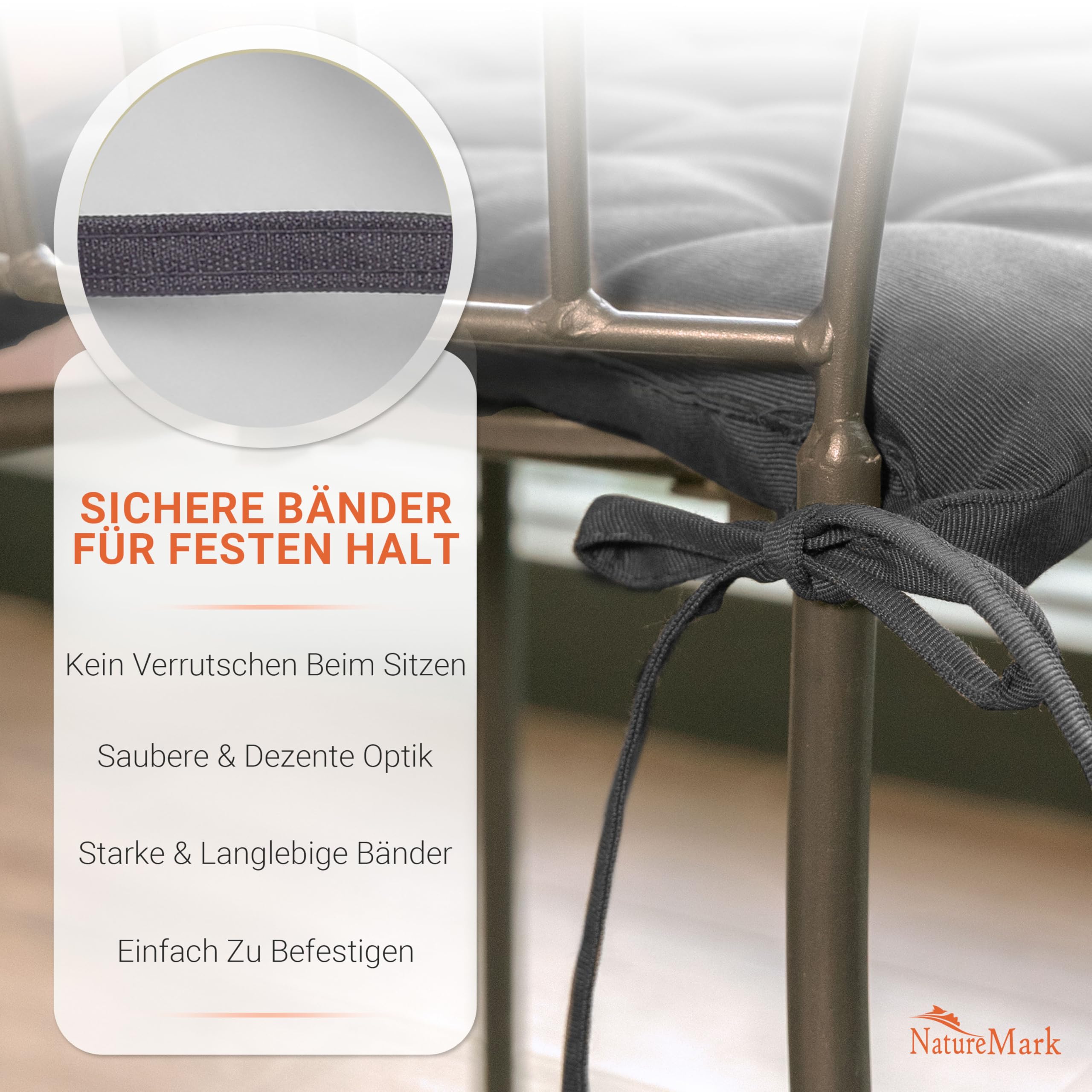 NatureMark 4er Set Stuhlkissen mit Bändern 40x40 cm – Gefüllte Sitzkissen, Outdoor & Indoor – Anthrazit Grau