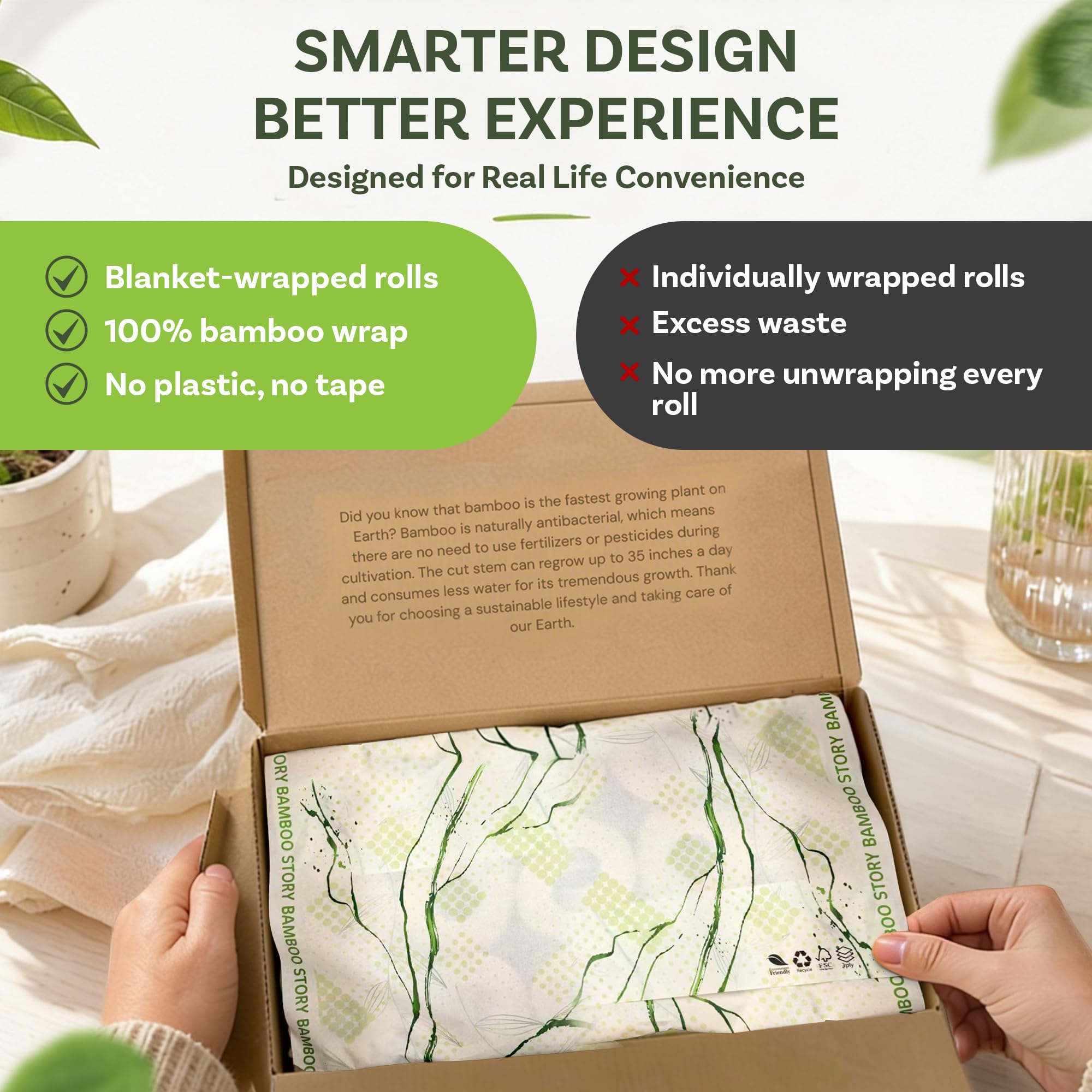 Bamboo Story, Papel higiénico de bambú sin blanquear, 12 rollos, 3 capas y 300 hojas de papel higiénico de bambú, certificado FSC, biodegradable, sin químicos, sin plástico, sin BPA, papel higiénico