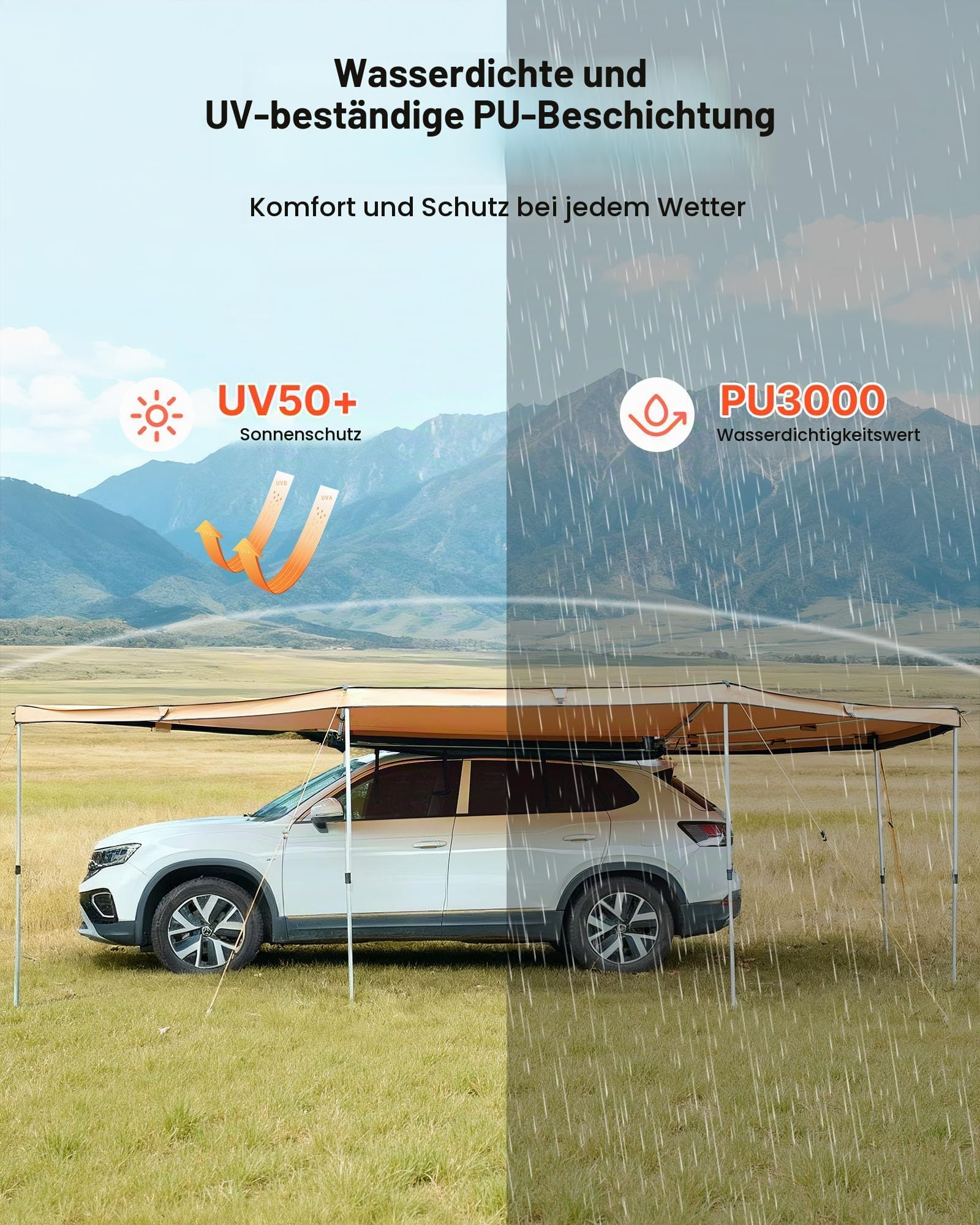 VEVOR Markise Auto, 5,7x3,87x2,1 m, 270°-Markise mit integrierten LED-Leuchten, Sonnensegel, UV50+, freistehende Allwetter-Automarkise, Sonnenunterkunft für SUV & LKW, ideal für Camping
