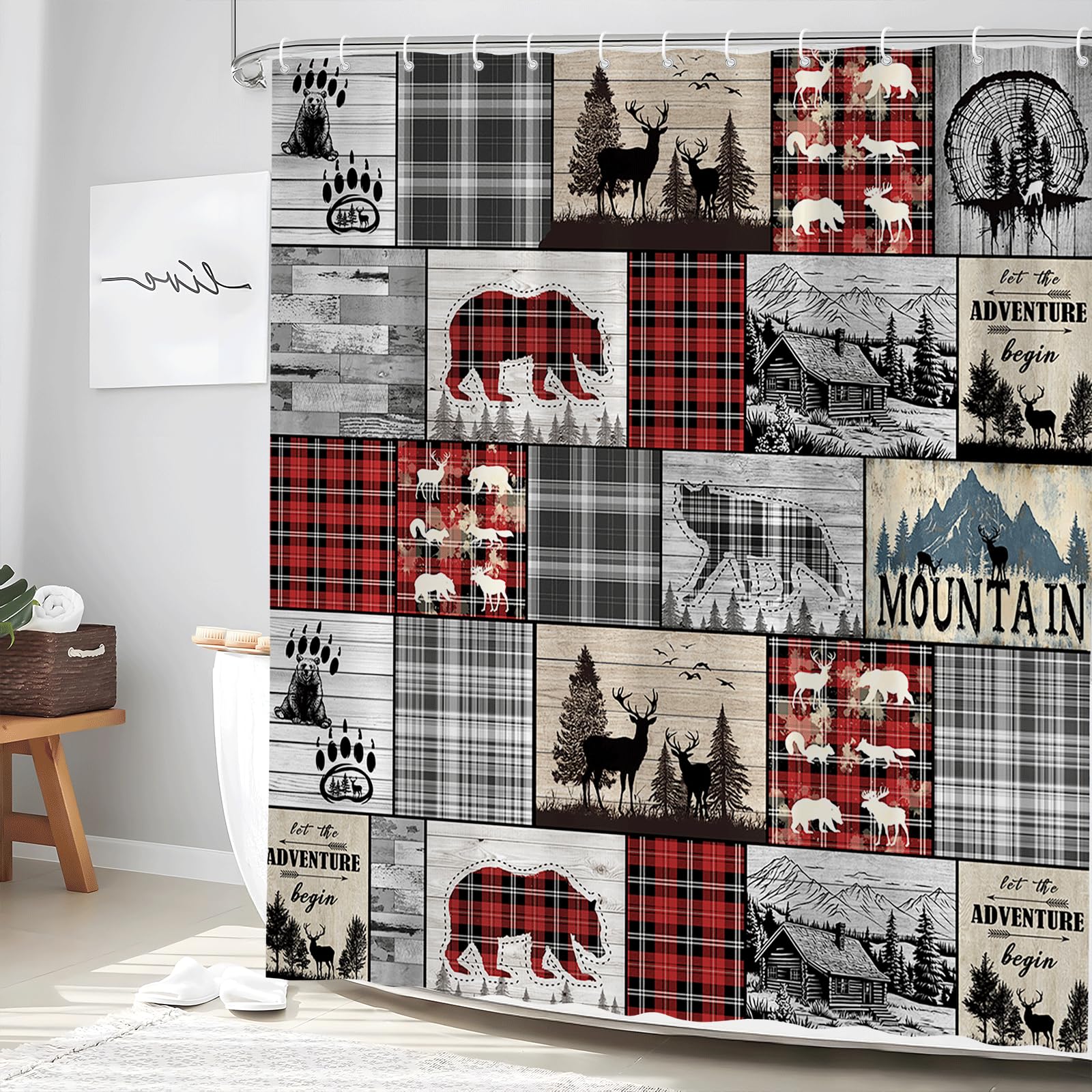 Rustic Cabin Shower Curtain Bear Deer Wolf Country Lodge Forest Wild Animal Red Black Buffalo Plaid Hunting Adventure Camping Farmhouse Vintage