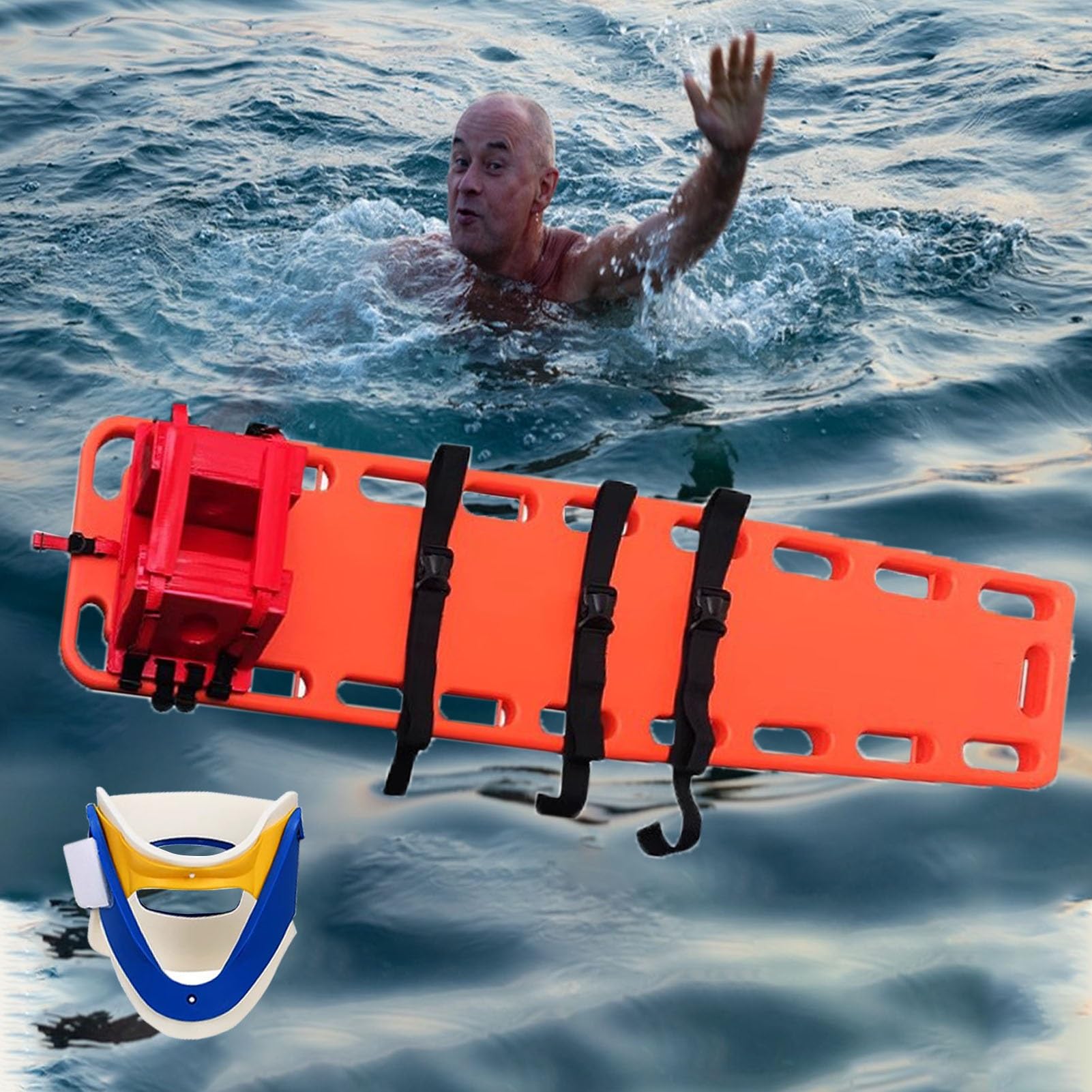Deska do Noszenia KręGosłUpa Nosze Pływające na Wodzie z Kołnierzem na Szyję, Deska Ortopedyczna z Unieruchomieniem Głowy i Pasami, Zestaw Sprzętu Pierwszej Pomocy dla Ratowników Medycznych do Basenu