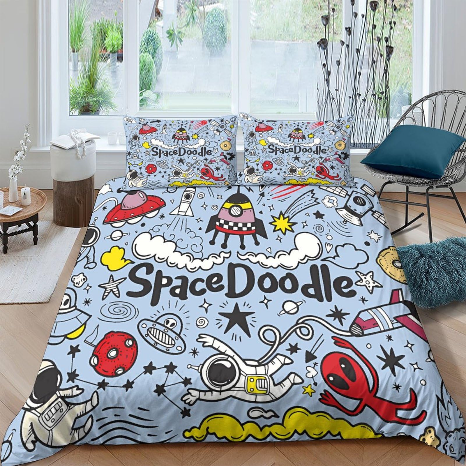 Housse de couette espace avec fermeture à glissière King pour lit sans plis