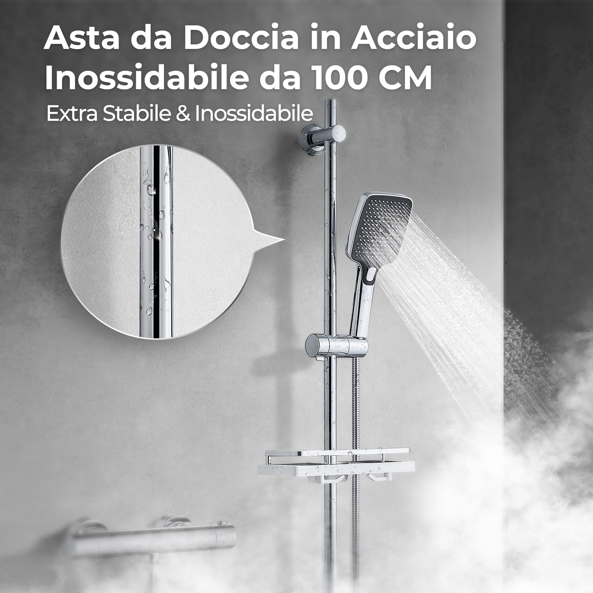 Görbach Asta Doccia in Acciaio Inox con Supporto Soffione Regolabile per Adattarsi ai Fori Esistenti, Adatto per Doccette Standard, Saliscendi Doccia 100 cm con Mensola Cromo