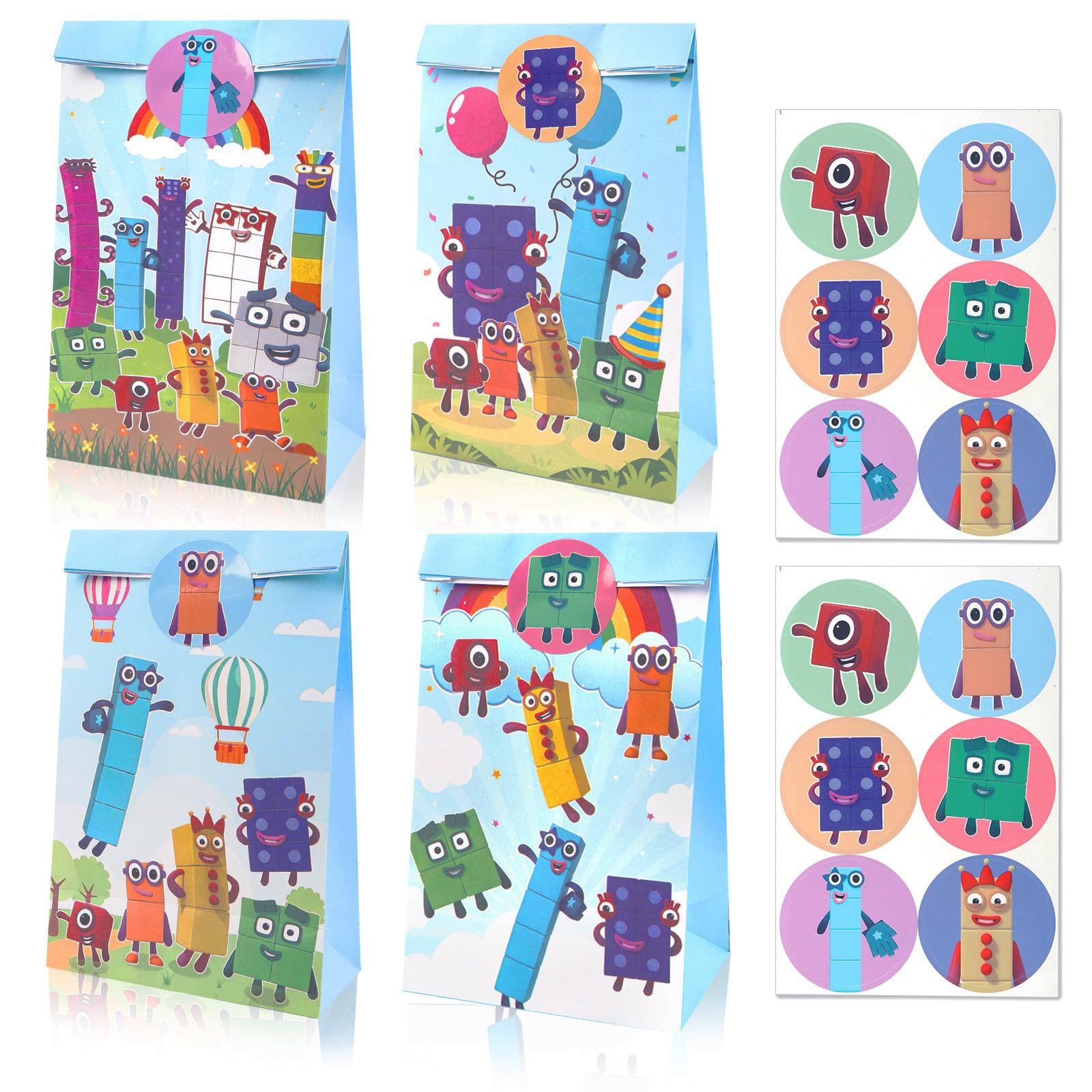 12 Pcs Blocks Party Bags for Kids, Paper Gift Bags with 12 Stickers, Candy Goodie Treat Bags for Birthday