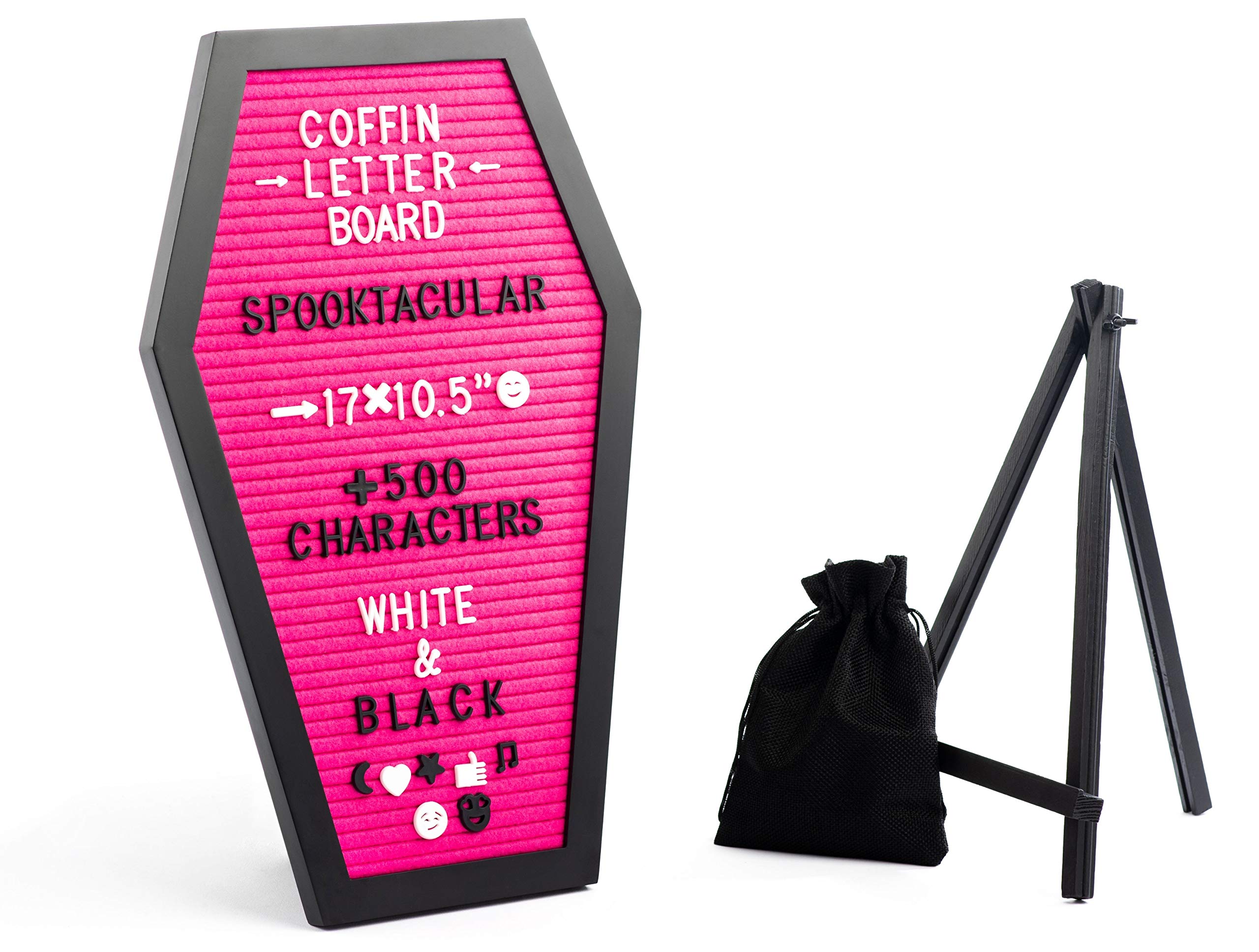 Coffin Letter Board +3D Bat Stickers +650 Characters, Spooky & Seasonal Emojis, Wooden Stand - 17x10.5 Inches - Coffin Shaped Goth Decor Sign Witchy Halloween Decorations Gothic Decor Birthday Wedding Home Spooky Gifts: Pink
