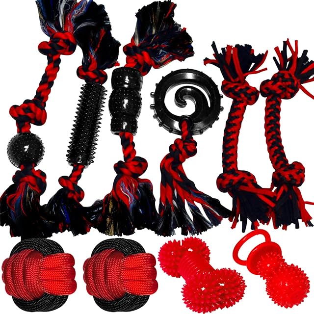 Yipetor Puppy Chew Toys, 10pcs Dog Teething Chewing Toy Set, Rubber and Natural Cotton Ball Ropes, Tough Aggressive Puppies Chew Toys, Training, Interactive Pet Toys Gift for Small /Medium (Red)