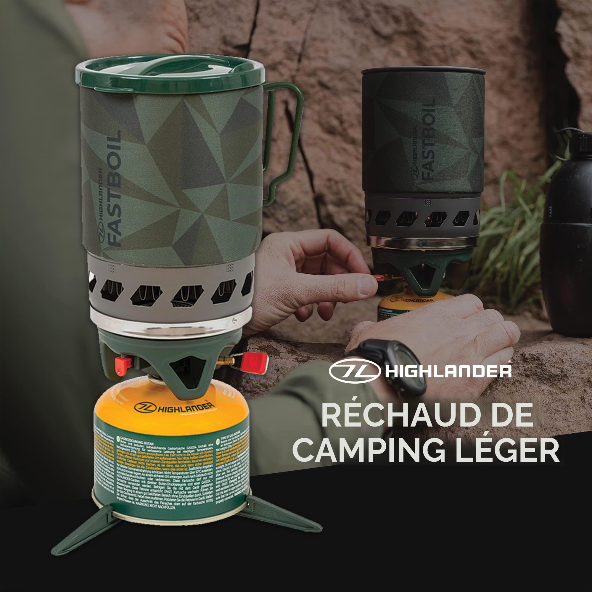 HIGHLANDER Réchaud de Camping à Lame Fastboil Mk3 de Brûleur portatif Compact avec Pot de 1,1 L - Idéal pour Les campeurs, la randonnée et la pêche (Olive)