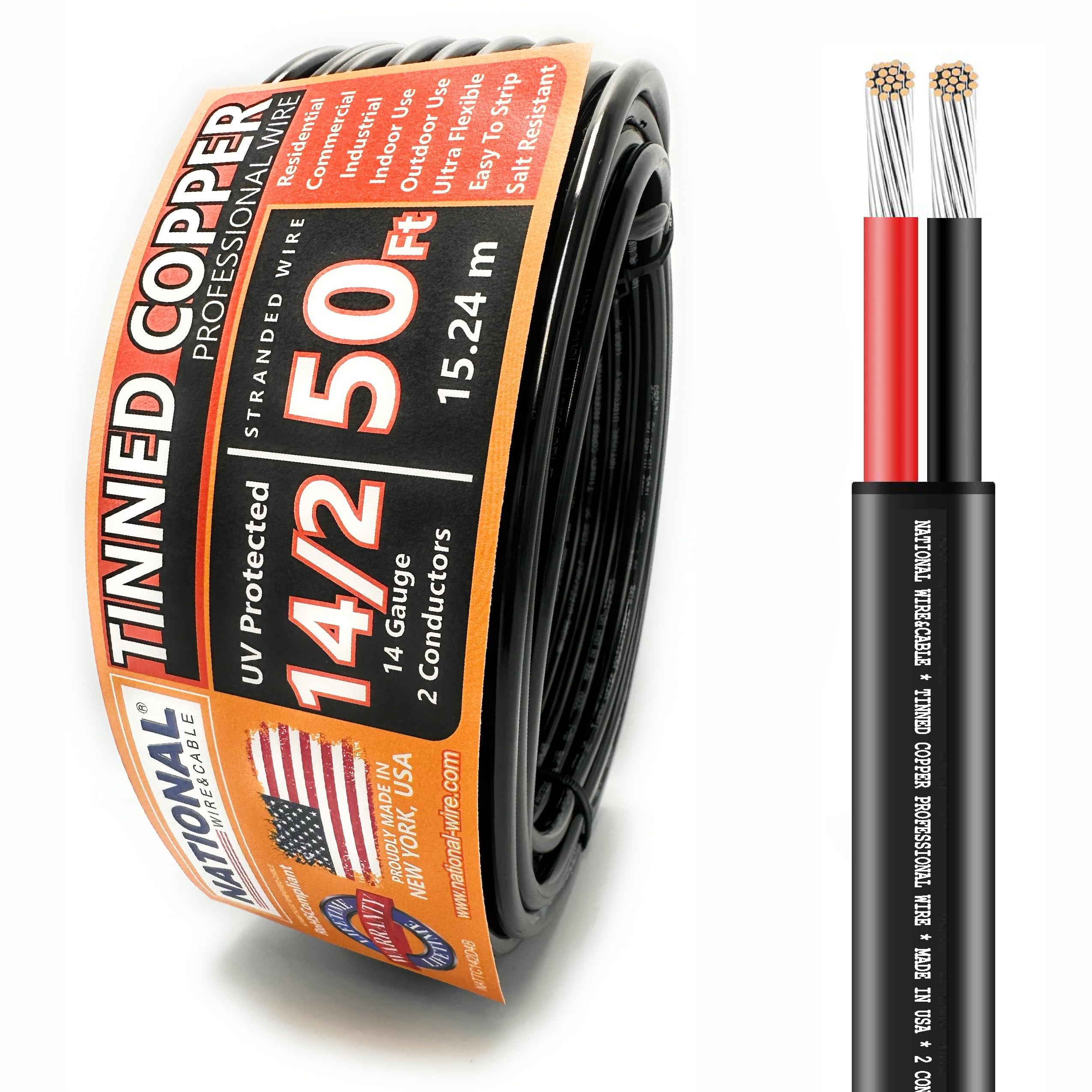 National Wire&Cable - 14/2 Tinned Copper Professional Wire (50 Feet) 14 AWG Gauge Stranded PVC Cord - 2 Conductor Electrical Wire - Made in USA - CL