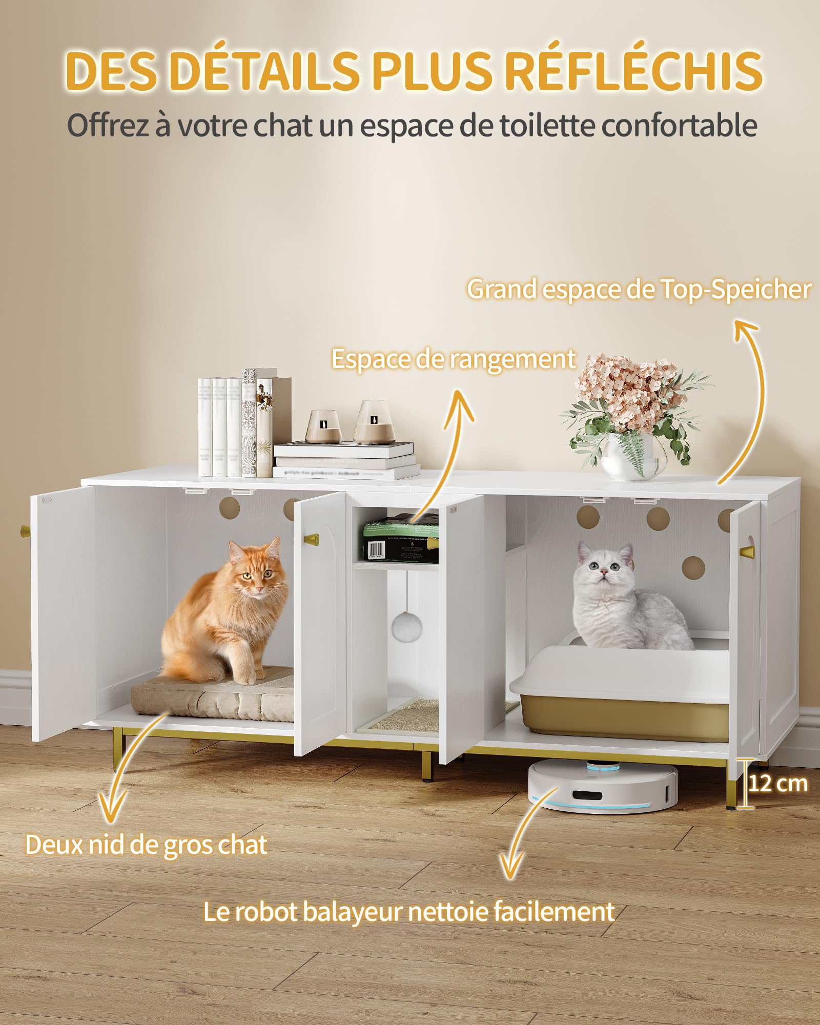 Hzuaneri Meuble Litiere pour 2 Chats, 140cm Meuble Litiere Chat, Blanc Or | Maison Cachée pour Chat avec Chambres Doubles, Espace de Rangement, Balle en Peluche, 140 x 48 x 62 CM, Blanc et Or CB86513A