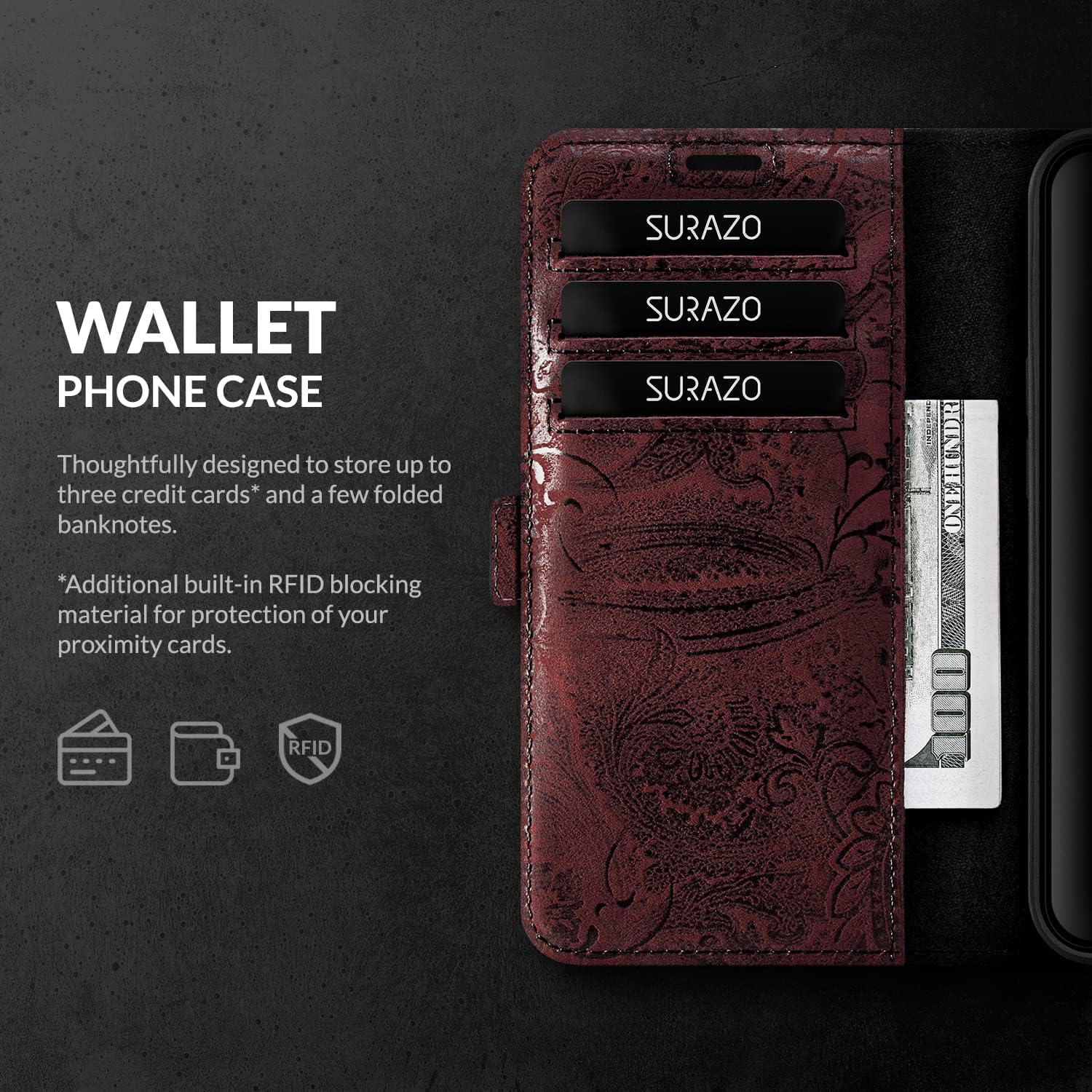 SURAZO Slim Magnetic Mobile Phone Case for Samsung Galaxy A15 Leather - Foldable Genuine Leather Protective Case [Card Slot, RFID Protection, Floral Pattern] Flip Wallet Case Cover Leather Case