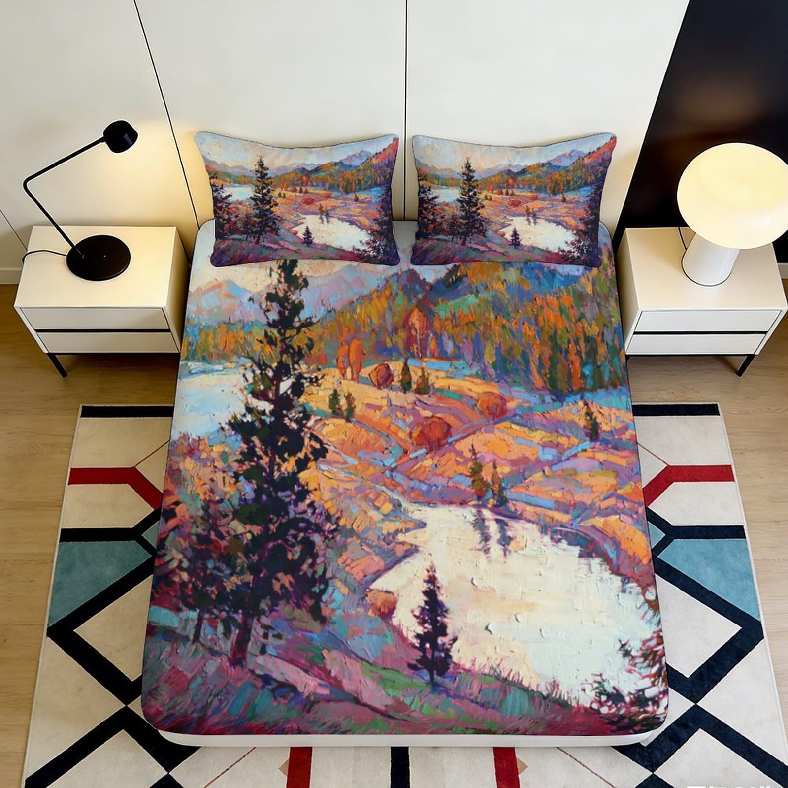 3D Printed Mountain River Landscape Fitted Sheet Microfiber for Bedroom Dorm Artistic Bed Cover Decor Protection 90x200x25cm