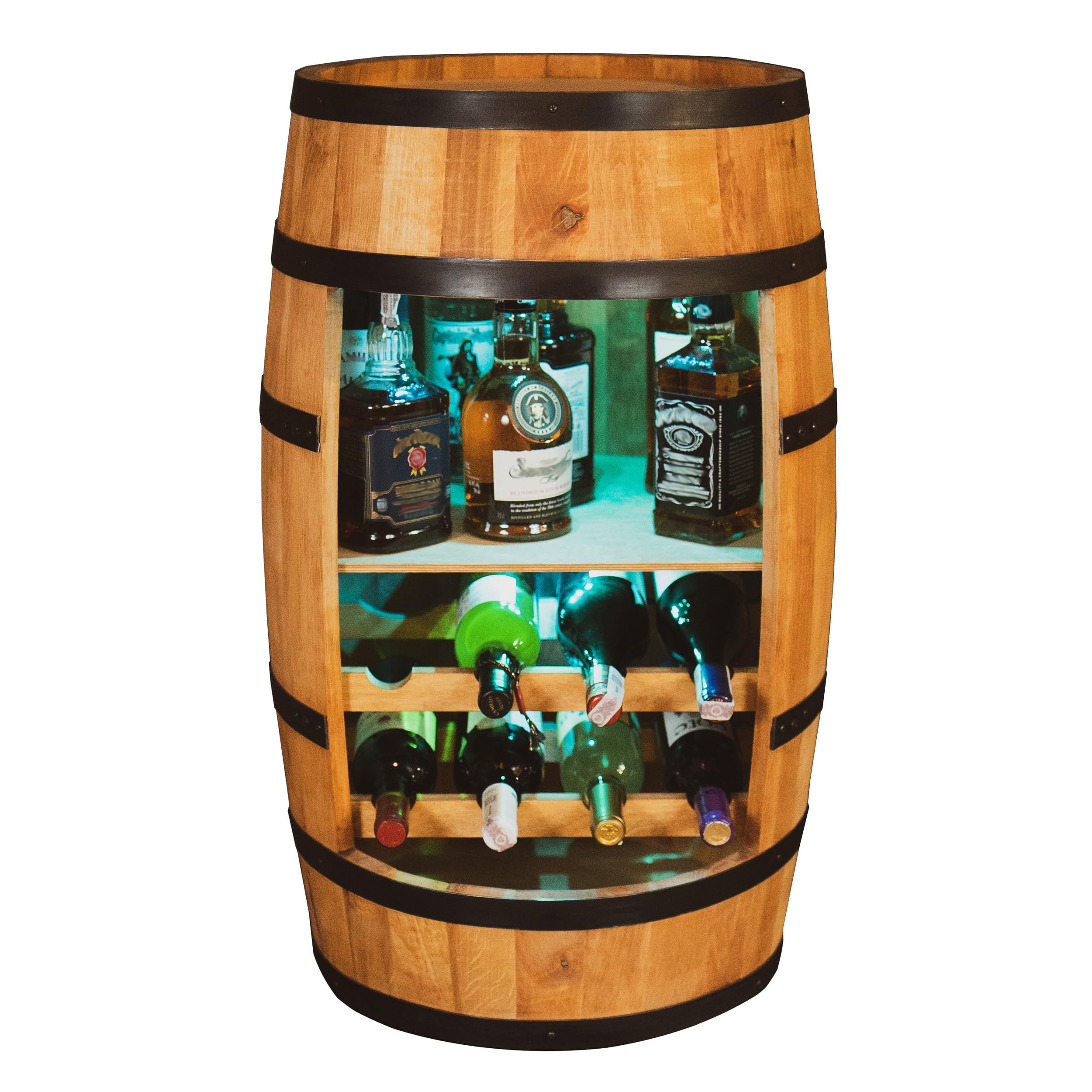 CREATIVE COOPER Weinschrank mit Regal und Weinliege - LED RGB - Retro Weinregal - 80 cm x 50 cm - Erlenholz Fassbar - Farbe Eiche
