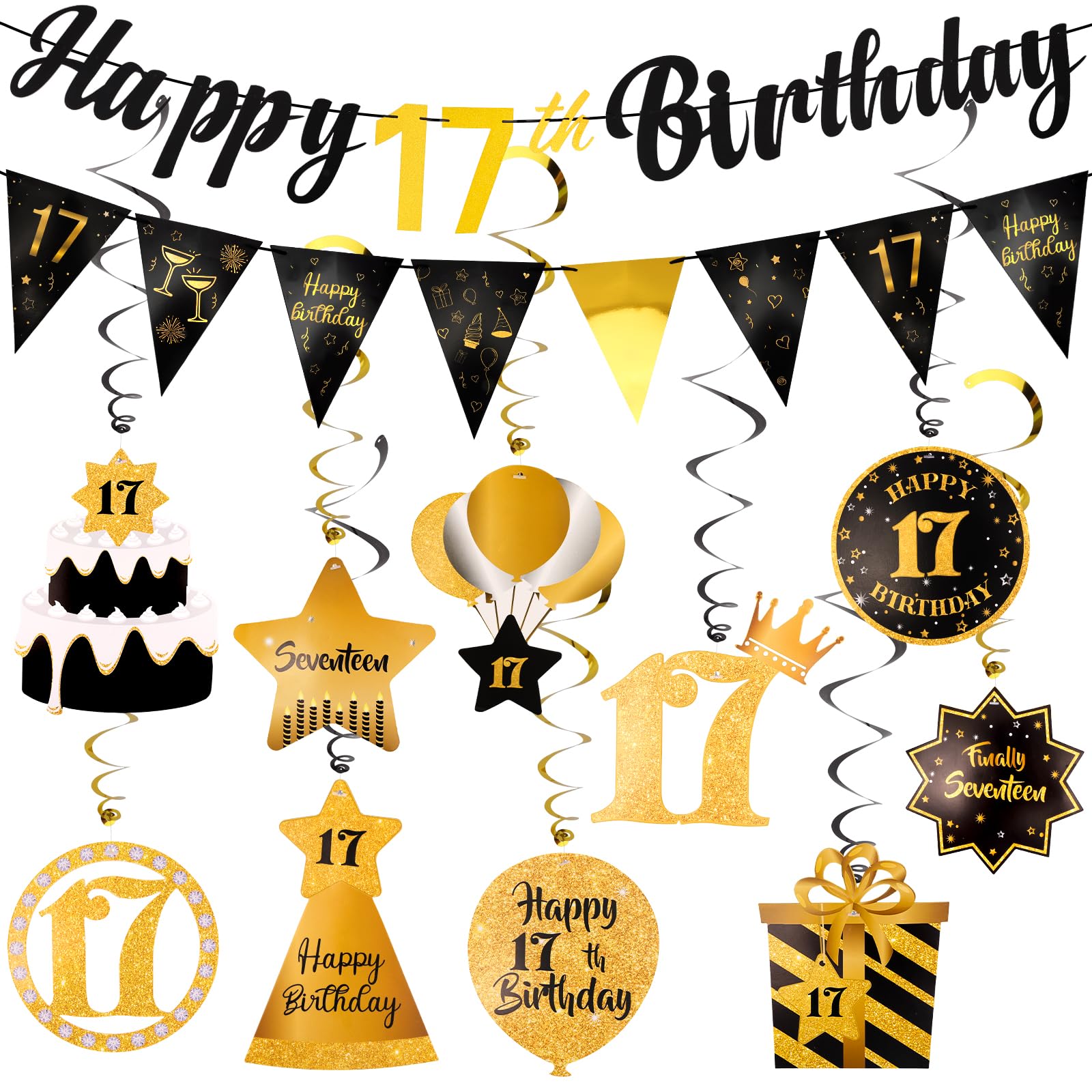 17th Birthday Decorations Set - Happy 17 Birthday Banner Triangle Flag Hanging Swirls Streamers for Women Men Party Decorations Supplies, Black and Gold