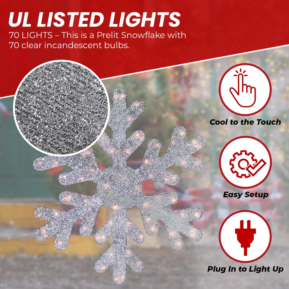 Outdoor 28 in Snowflake - Pre-Lit Large Snowflake for Indoor Decor or Outdoor Christmas Decorations W/ 70 Lights