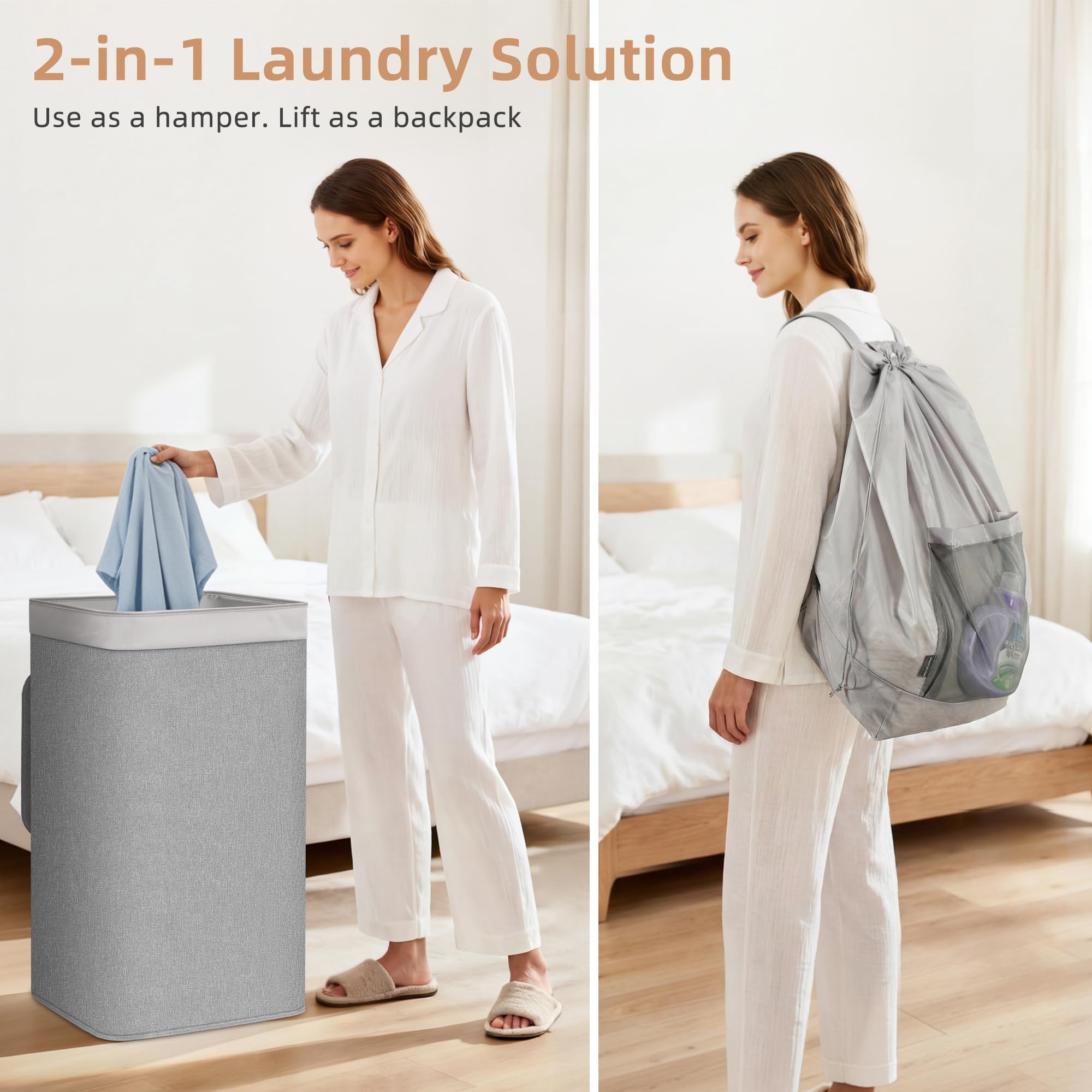 STORAGE MANIAC Cesto portabiancheria 2 in 1 con borsa per la biancheria, 90 l, con struttura in metallo, borsa per vestiti sporchi, con spallacci e tasca in rete, per università, viaggi, lavanderia
