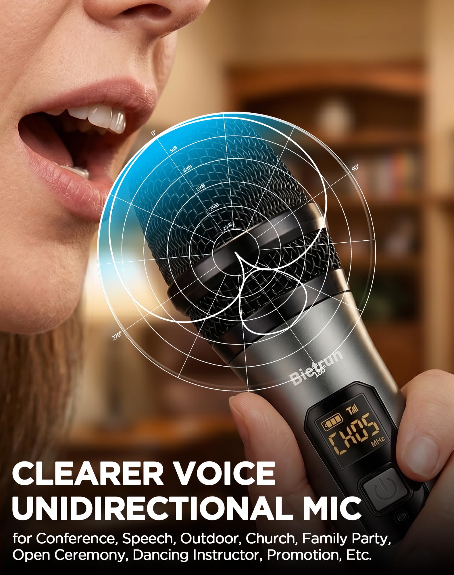 Wireless Microphone, UHF Wireless Dual Handheld Dynamic Mic System Set with Rechargeable Receiver, 260ft Range, 6.35mm(1/4'') Plug, for Karaoke, Voice Amplifier, PA System, Singing Machine, Church