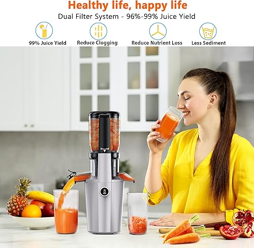 Miniatura 2 de Exprimidor de prensa en frío, exprimidor de masticación lenta con 96% de rendimiento, canal ancho para frutas enteras, ultra silencioso (60 dB) para