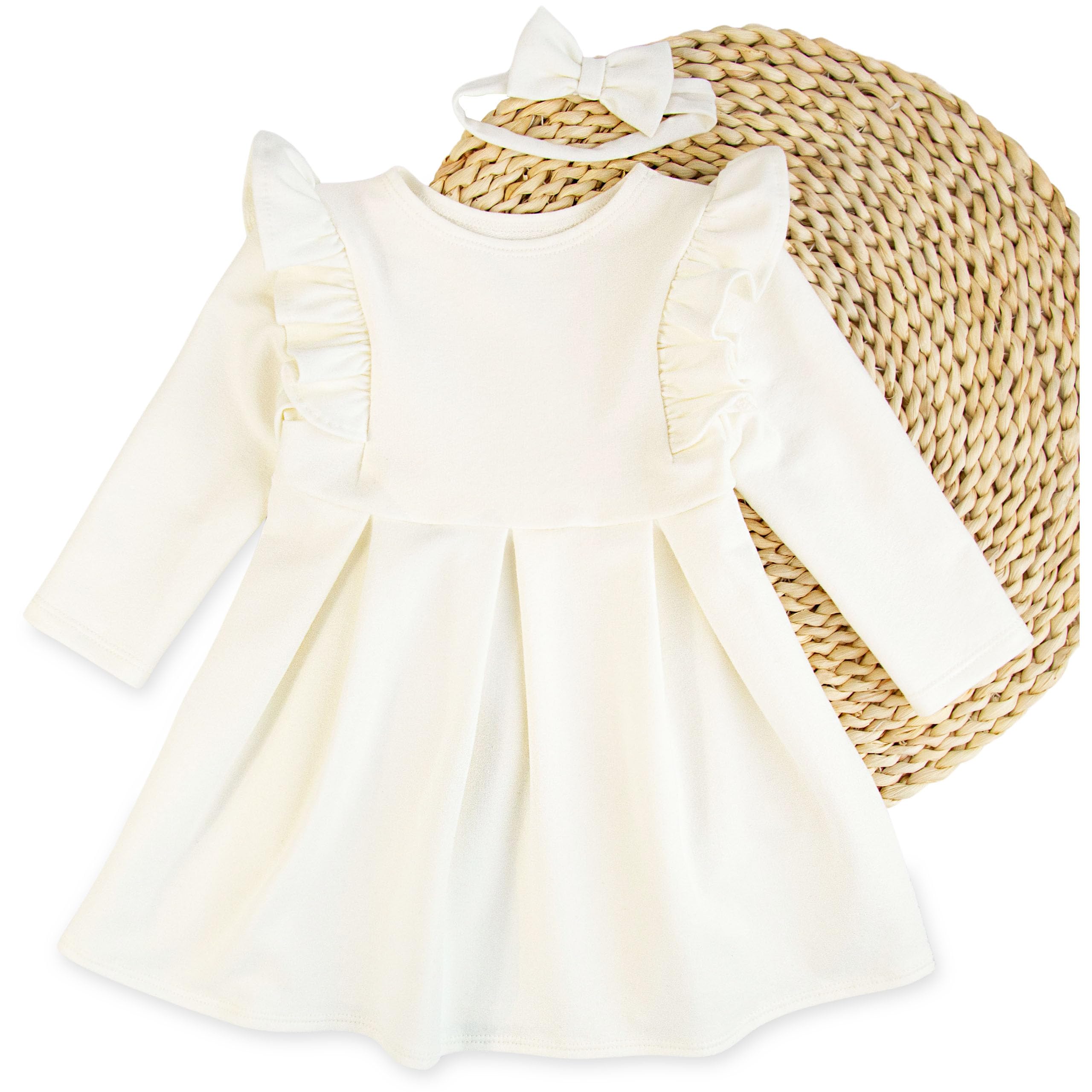 Taufkleid Mädchen mit Stirnband – Elegantes Baby Kleid aus 95% Baumwolle – Taufe & Festtagskleidung für Säuglinge – Rüschen, Kellerfalten & Schleife – Bequeme Babymode