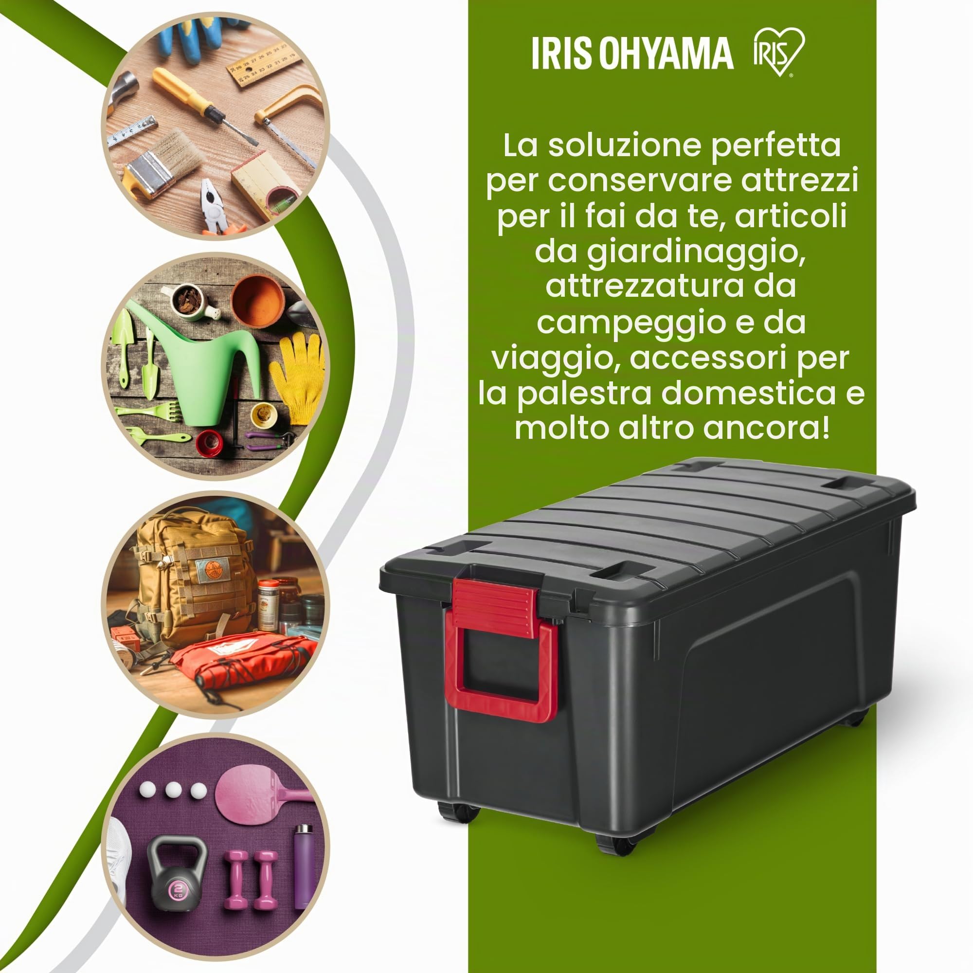 Iris Ohyama, Set di 3 scatole di immagazzinaggio, fai da te, 75 L, maniglia e ruote, mobile, garage, giardino - Store it All Box SIA-75 - Nero