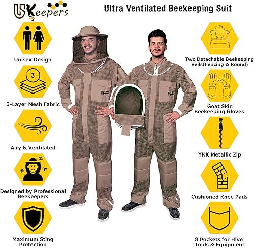 Miniatura 2 de USKEEPERS Traje de Apicultura Ultra Ventilado de 3 Capas para Hombres y Mujeres  Traje de Apicultura Premium con Guantes de Apicultura y Dos Velos