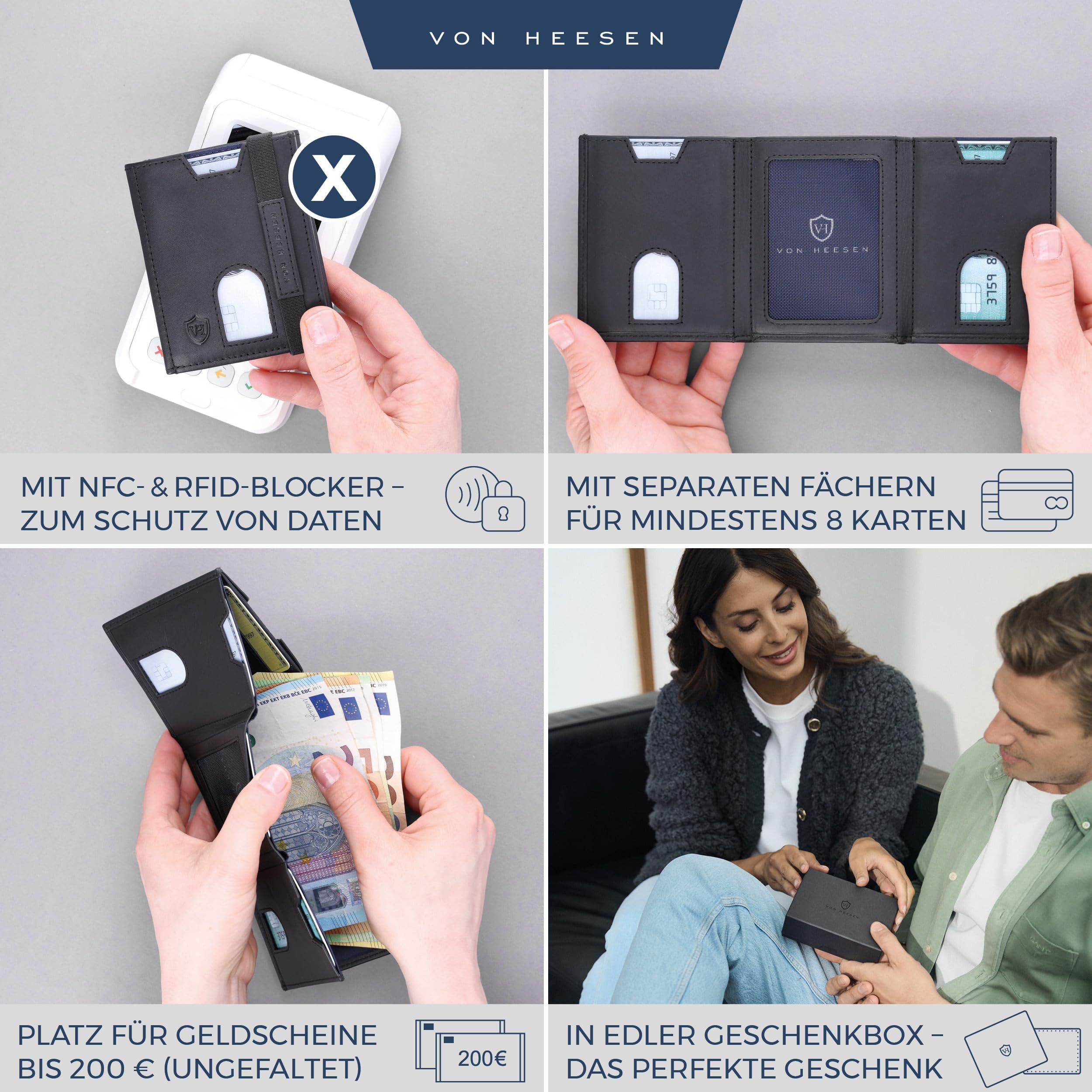 VON HEESEN Slim Wallet mit XL Münzfach & RFID-Schutz - Leder Geldbeutel - Mini Geldbörse für Herren und Damen - Kartenetui Echtleder Karten Portemonnaie klein - Kreditkartenetui Schwarz (Waxy)
