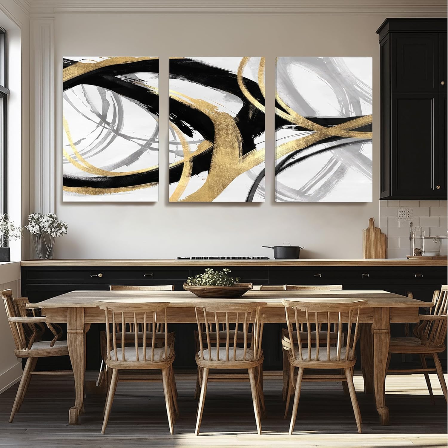 DUWQU 3 Piece Black and Gold Abstract Canvas Wall Art, Modern Black Gold and White Wall Decor, Spiral Brushstrokes Line Art Prints for Living Room Bedroom Office Home Decorations 16×24x3 In