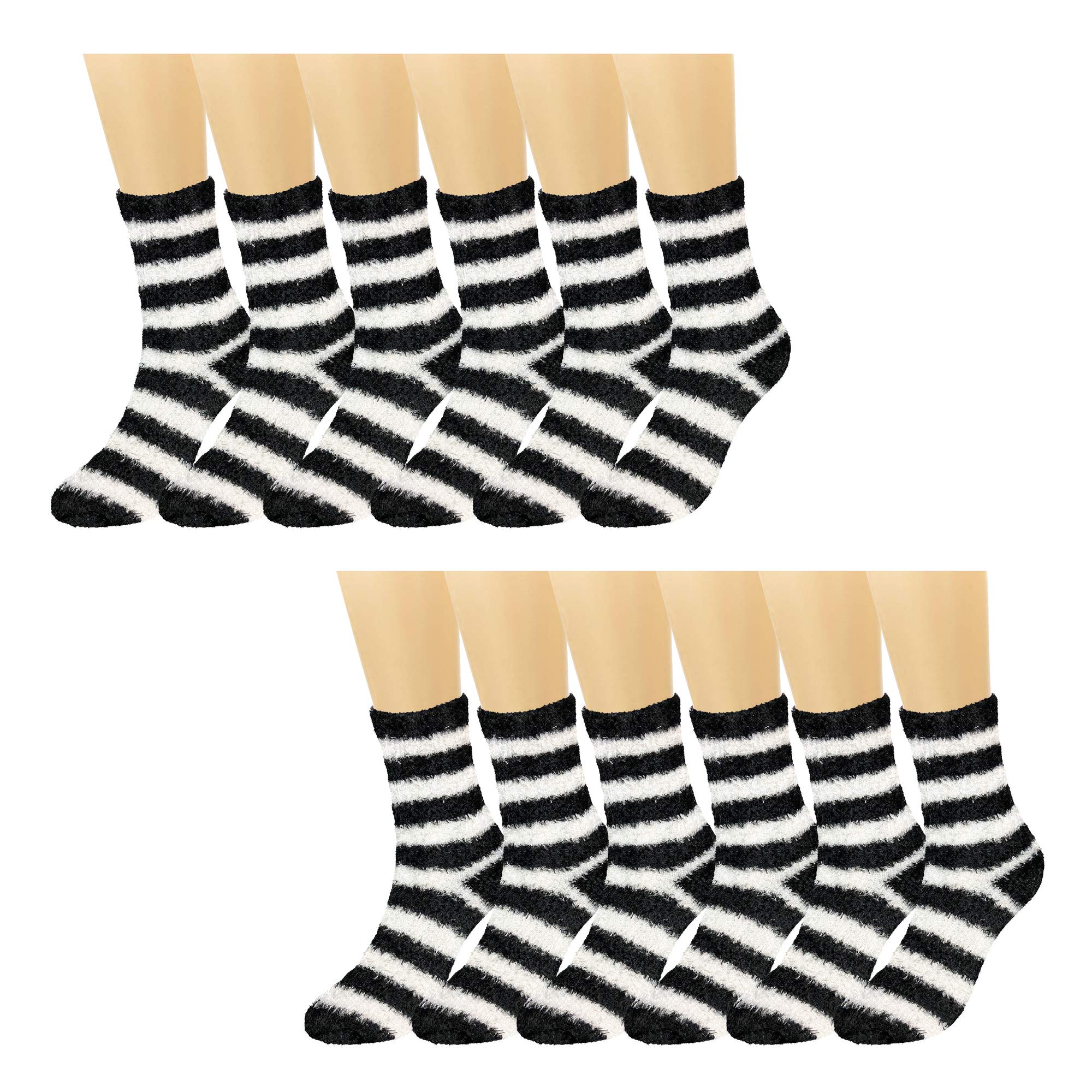 Modlines BULK Warm Fuzzy Cozy Minky Socks - Set of 12, ONE COLOR- Bold Stripes, Silver or White, Great for Groups