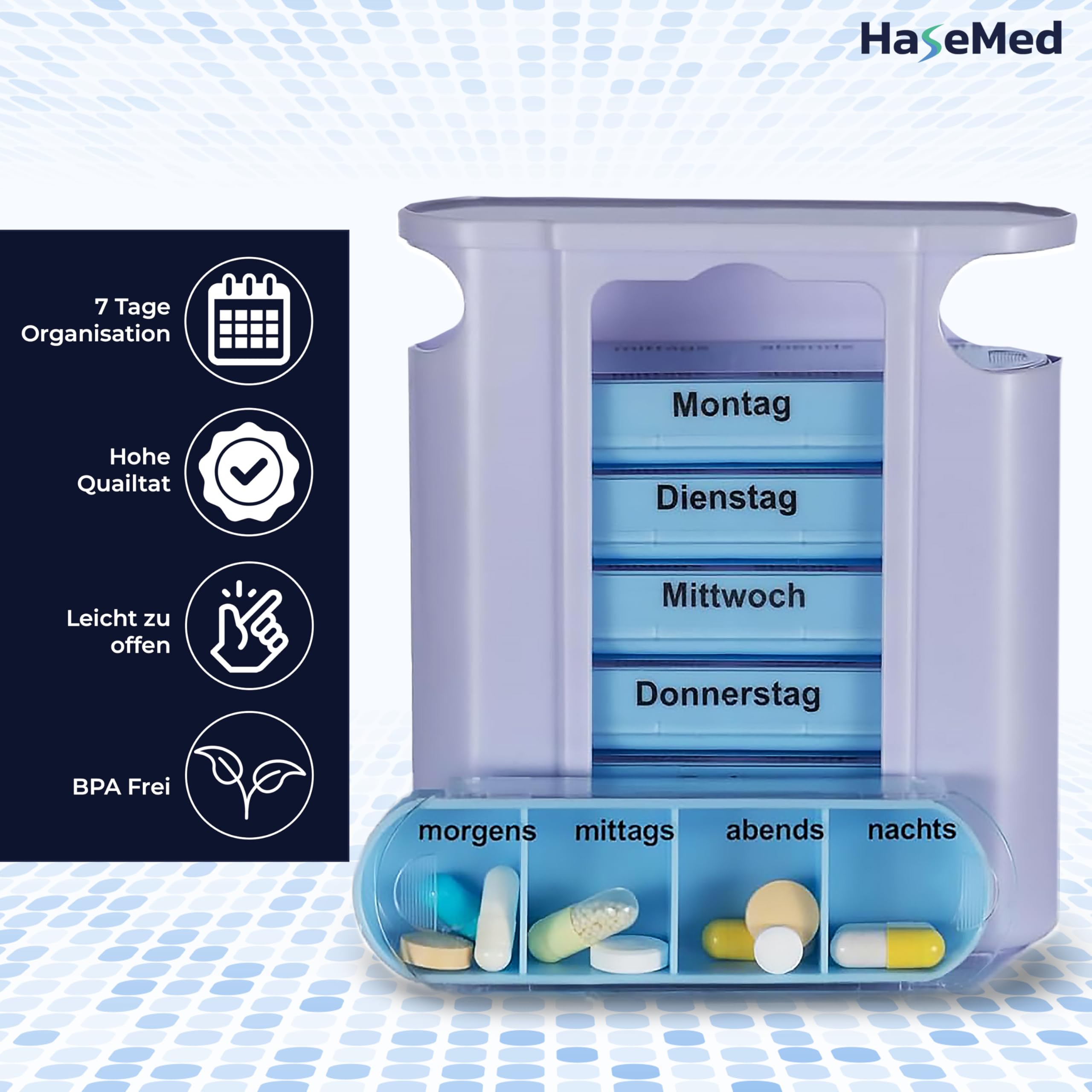 HaseMed Tablettenbox 7 Tage 8 Stück – Wochendispenser mit 7 herausnehmbaren Tagesfächern – Pillendose für Medikamente, Vitamine & Nahrungsergänzungsmittel – kompakt, BPA-frei & ideal für unterwegs