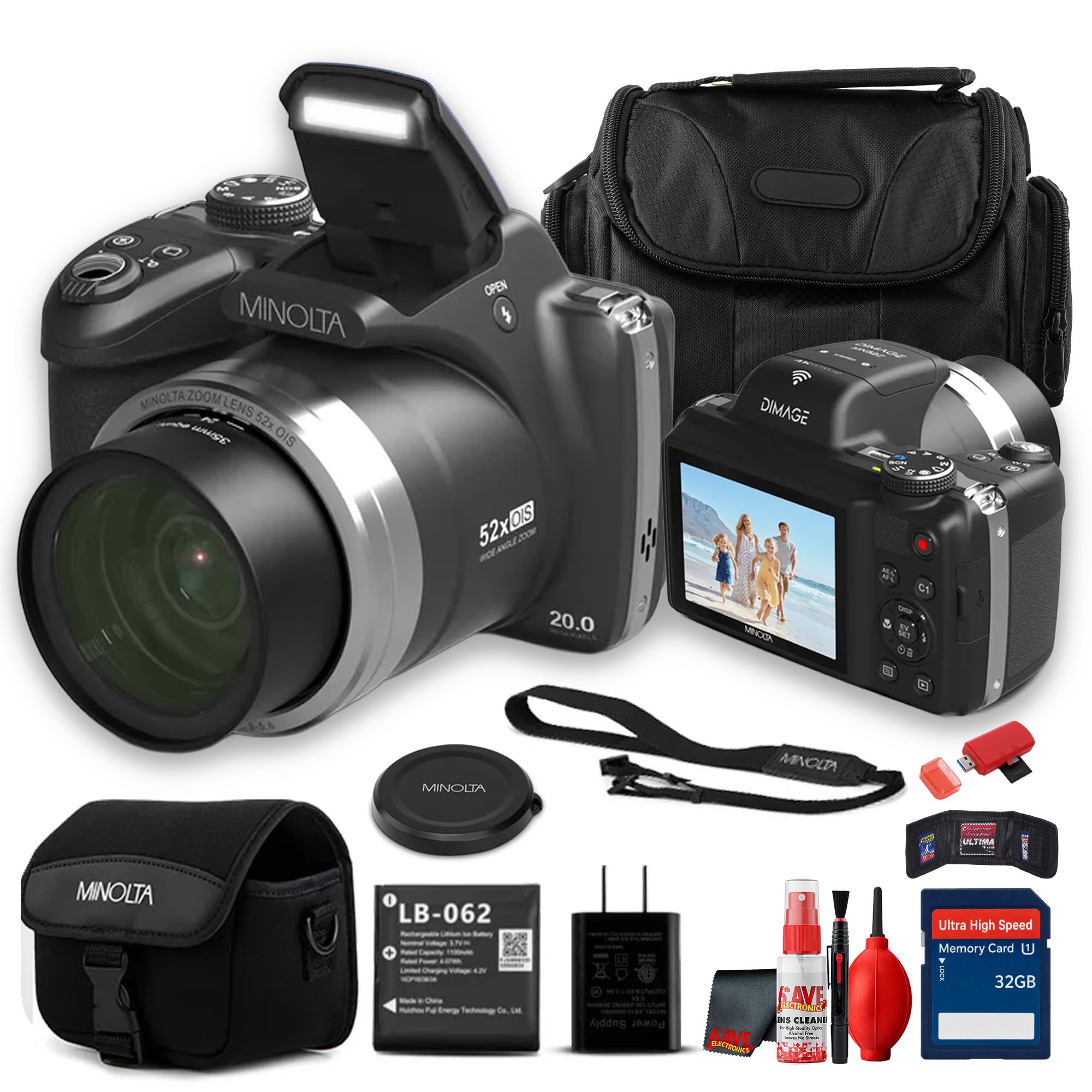 Minolta MN52Z 20MP 4K Ultra HD 52x Optical Zoom Bridge Camera Black (Bundle)