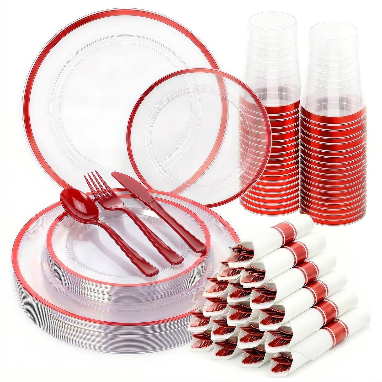 350 Clear Red Plastic Plates - 50 Guest Dinnerware -11 350 Clear Red Plastic Plates - 50 Guest Dinnerware -11