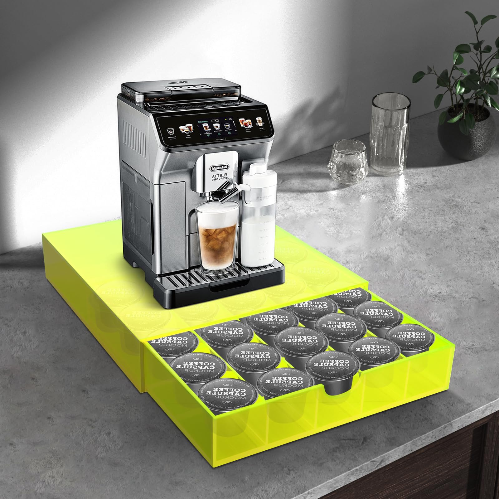 Organizer per cassetto per cialde da caffè, in acrilico, per conservare cialde da caffè, capacità 30 cialde, verde neon
