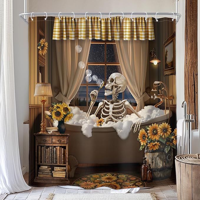 Homewelle Funny Skull Shower Curtain Skeleton Gothic Spooky Halloween Unique Cool Bone in Bathtub Bubbles Sunflower Plants 72Wx72H Inch Rustic Waterproof Polyester Fabric Bathroom Bathtub
