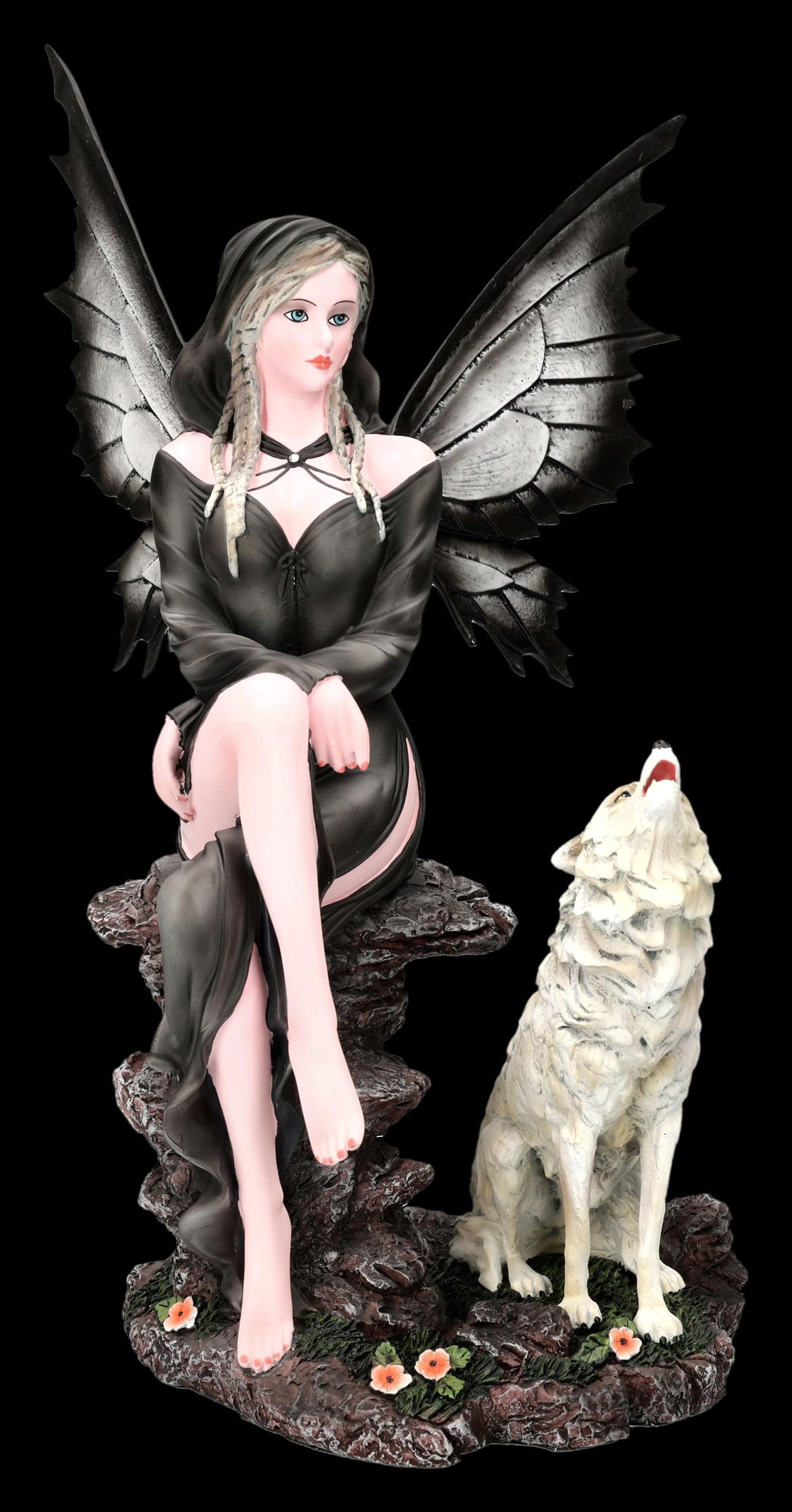 Figuren Shop GmbH Elfenfigur – Nyara, Mondwächterin mit Wolf – handbemalte Fantasy-Deko (32 cm) – Tales of Aurelion Collection – Geschenkidee für Nacht- & Mondfreunde