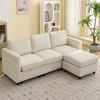 83”L-Shaped Modular Sectional Sofa with Storage & Movable Ottoman, Convertible 4-Seat Reversible Chaise Corduroy Couch for Living Room, Breathable Beige Fabric, Modern Design