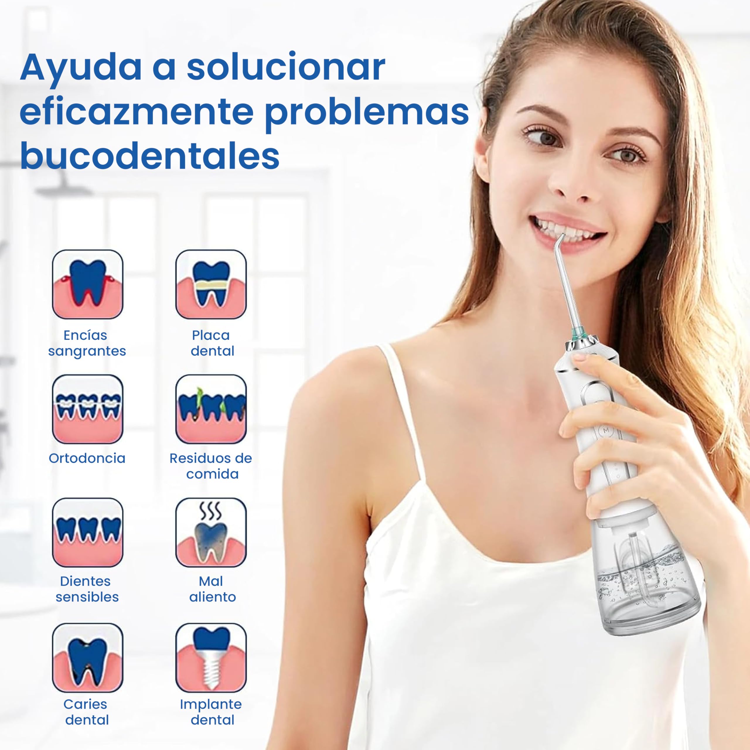 Irrigador bucal portátil con 5 Modos de potencia y 6 boquillas, 1200 Pulsos/min, IPX7, Carga USB-C, Boquilla 360°, Bola Gravitatoria, Limpieza Dental Profunda, Ortodoncia y Encías