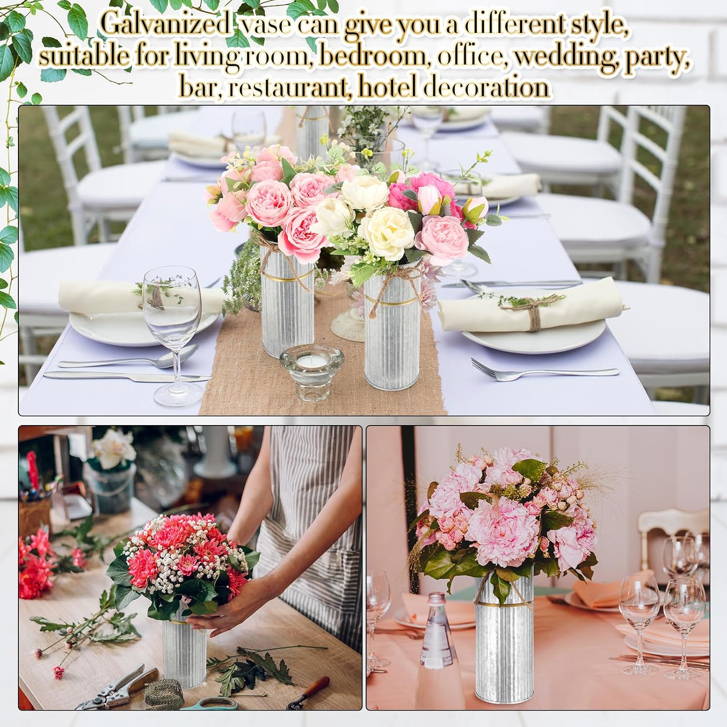 Mimorou 8 Pcs 7.48 Inch Wedding Vases for Centerpieces Mason Jars with Twine Bow Galvanized Metal Flower Vase Rustic Vintage Farmhouse Tin Bucket for Wedding Home Table (Silver)