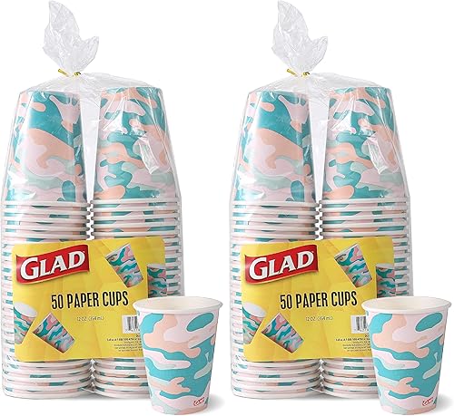 Miniatura 7 de Glad Vasos de papel desechables para uso diario con diseño de camuflaje  Vasos de papel resistentes, vasos de papel para todas las bebidas y uso