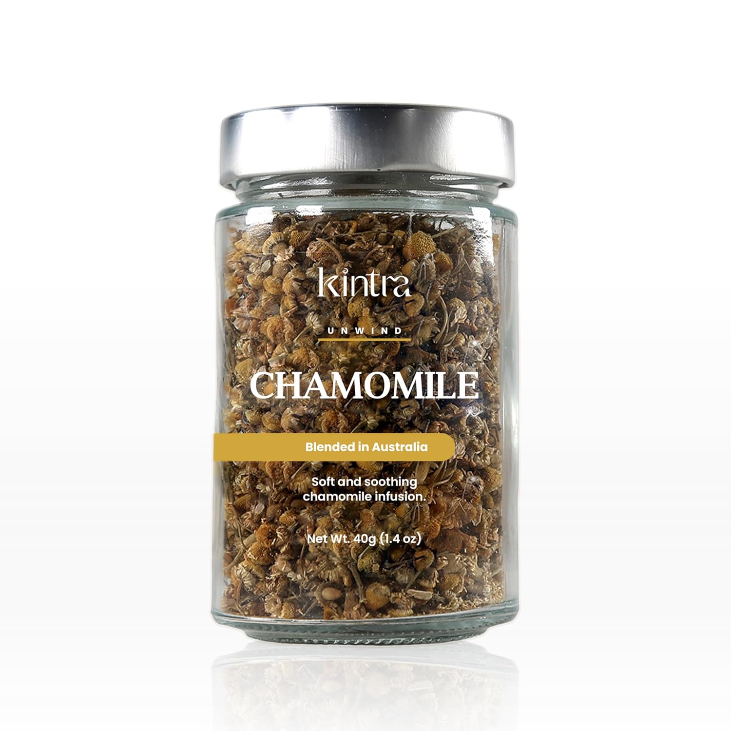 Kintra Foods Chamomile Botanical Herbal Loose Leaf Tea Jar, 40g | Chamomile Whole Flower Tea Leaves | Loose Leaf Herbal Tea for Relaxation & Restful Sleep | Caffeine-Free, No Additives, No Sugar