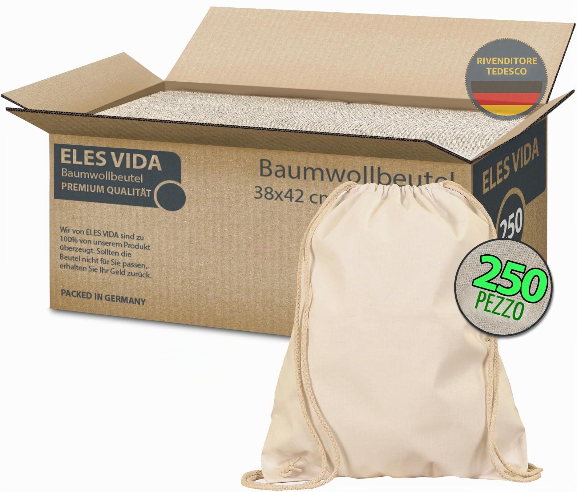 ELES VIDA Sacca in cotone per lo sport, zaino in tessuto, sacchetto di cotone, sacchetto di iuta, certificato Oeko-Tex®