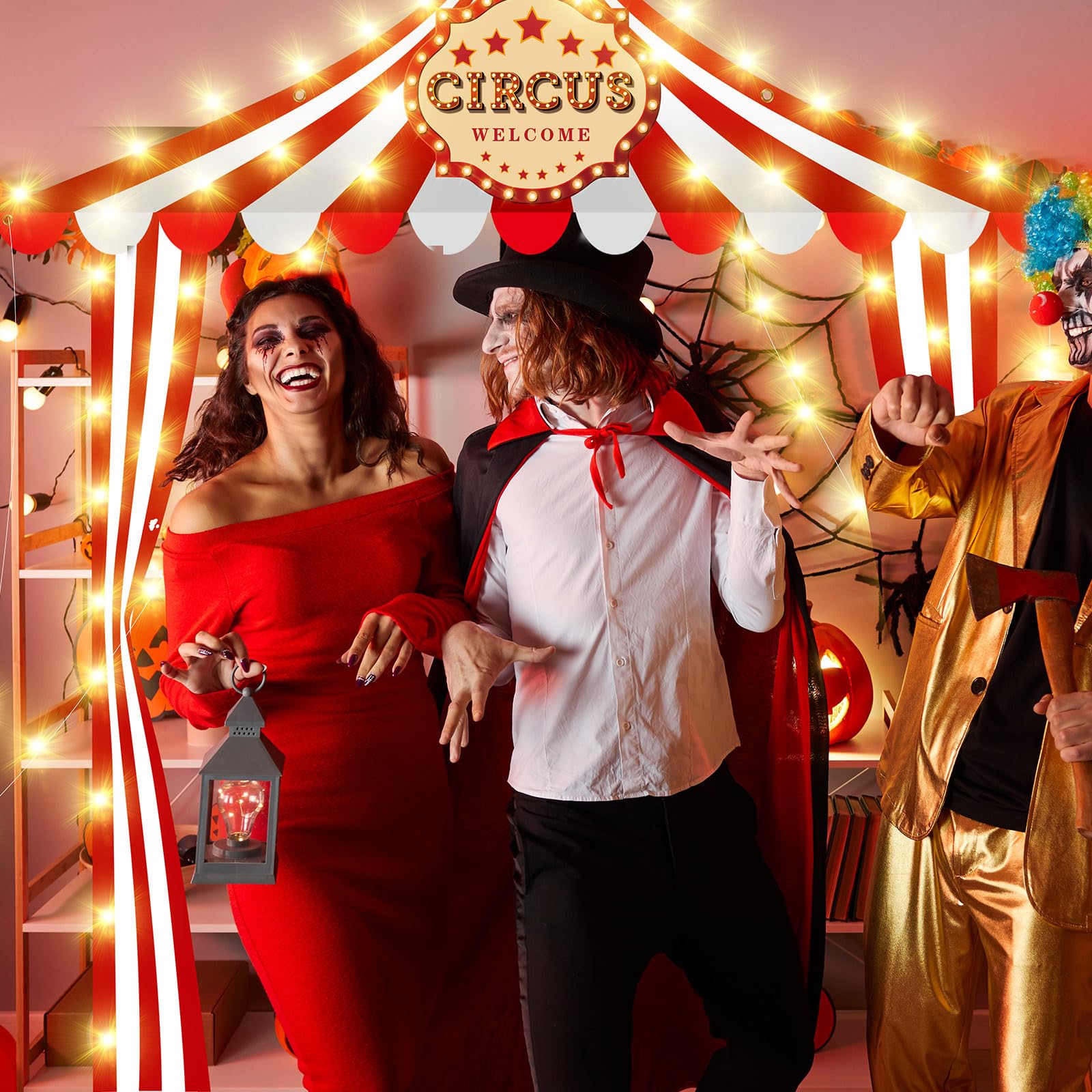 Preboun 7 piezas de decoración de tienda de circo, decoraciones de fiesta de carnaval, decoraciones de circo con cadena de luz, decoraciones de carnaval, pancarta de rayas rojas y blancas para fiestas