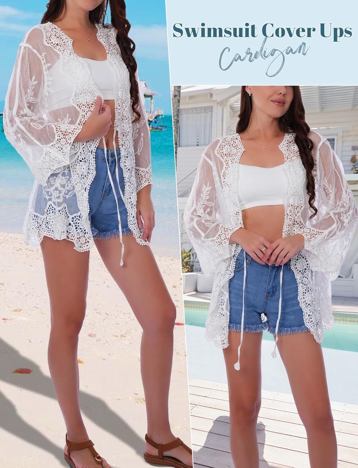 SEAUR Women’s Crochet Lace Kimono Beach Coverup Tie Front Knit Cardigan Long Sleeve Boho Swimwear