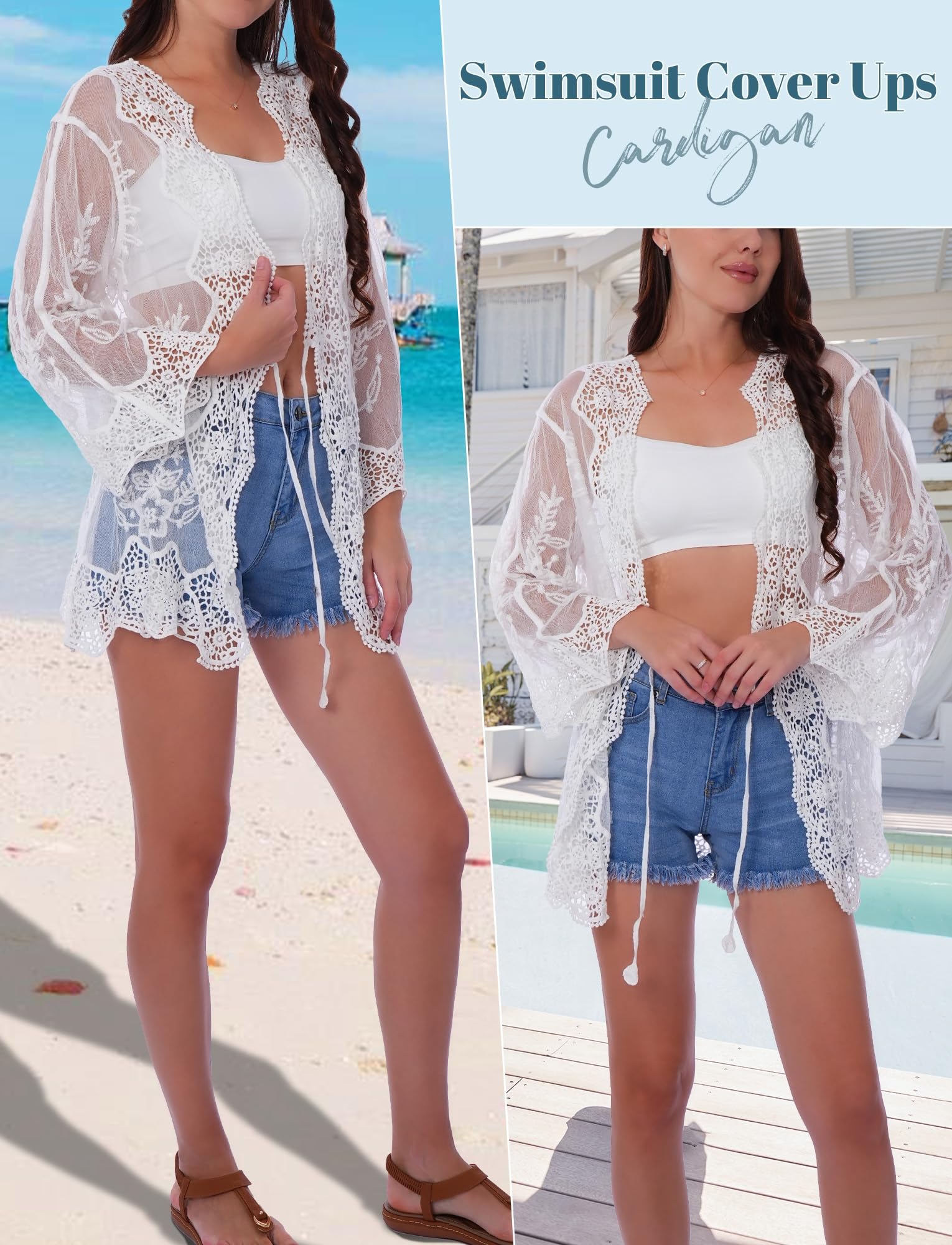 Maeau Kimono en dentelle et maille pour femme - Manches longues - Transparente - Cache-maillot d'été à nouer sur le devant - Cardigan de plage bohème - Taille unique