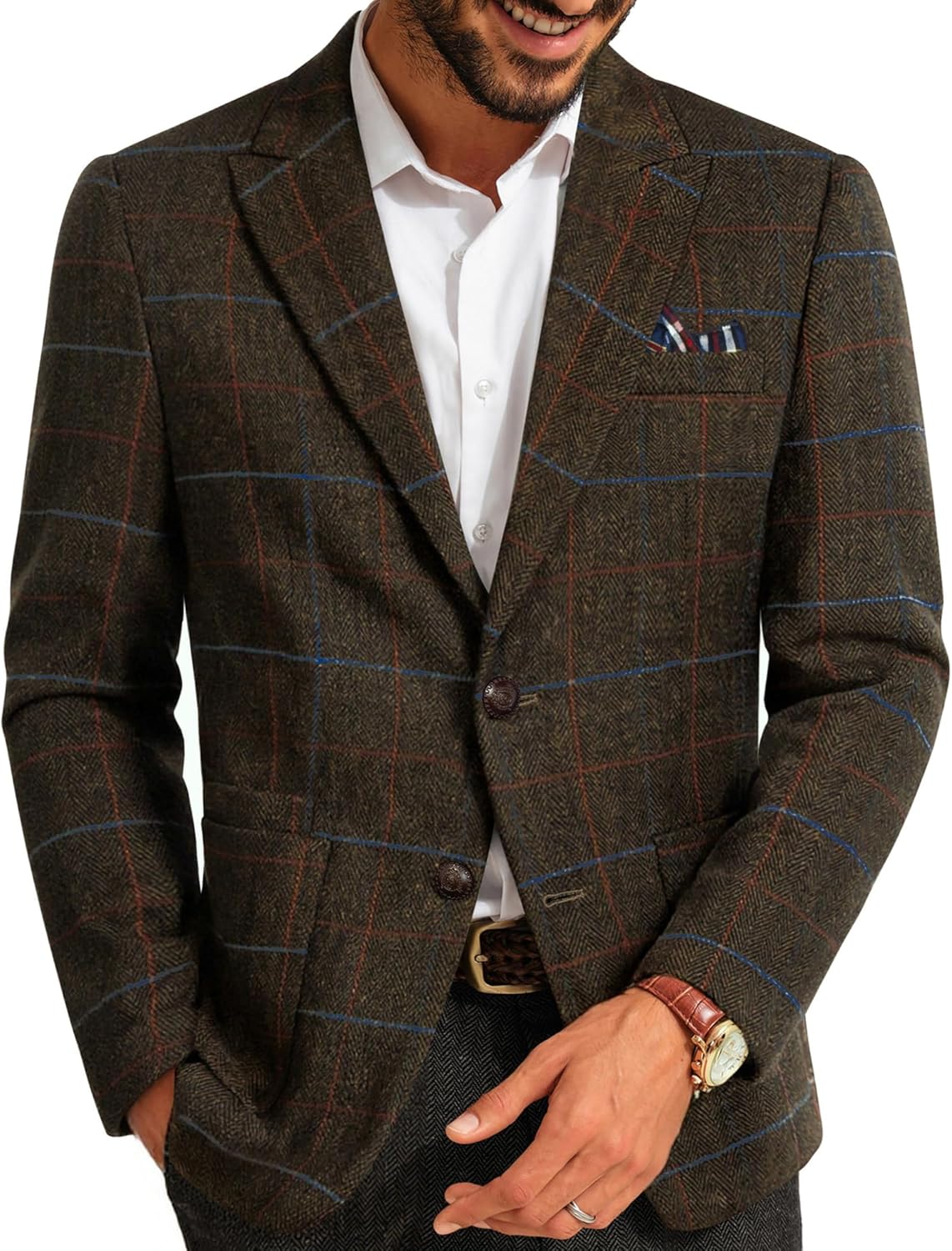 PJ PAUL JONES Mens Blazer Vintage Herringbone Tweed Blazer Two Button Wool Blend Sport Coat with Pocket Square