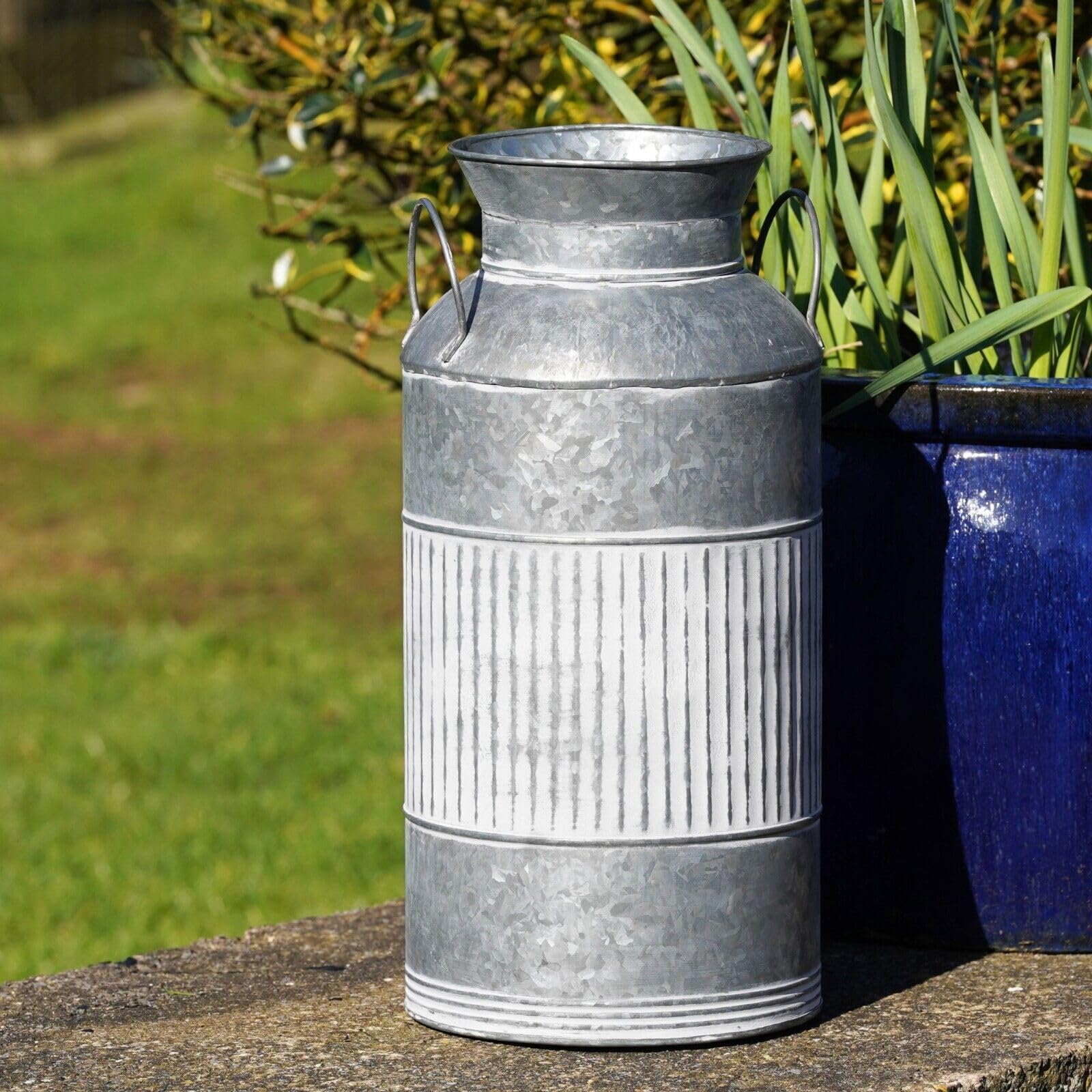 Galvanised Milk Churn Ribbed Planter | Outdoor Garden Metal Flower Pot Trough