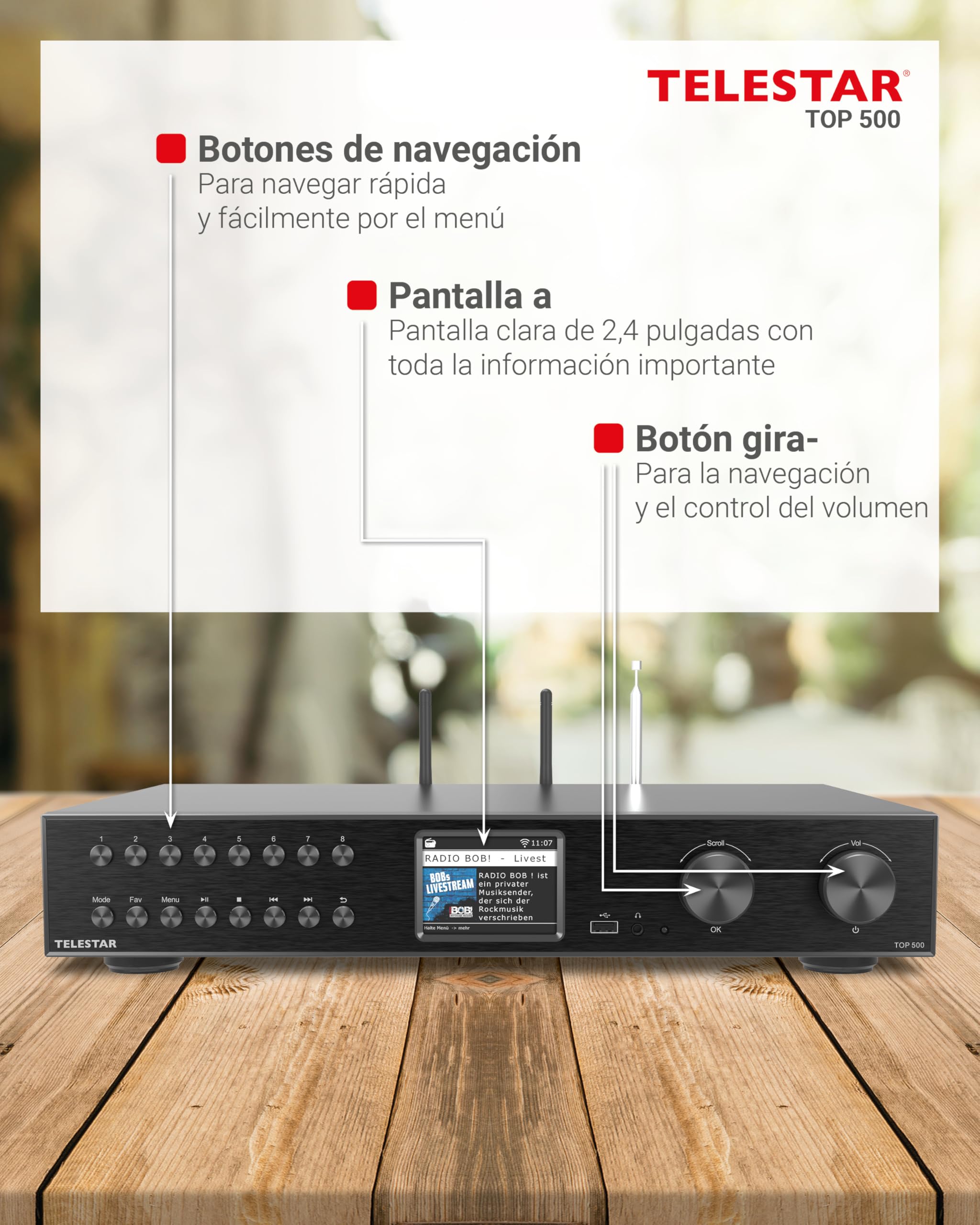 TELESTAR Top 500 – Sintonizador HiFi de 43 cm de Ancho – Negro | WiFi 2,4 & 5 GHz, radio por Internet/DAB+, streaming, Bluetooth audio RX/TX, modo hotel, grabación USB