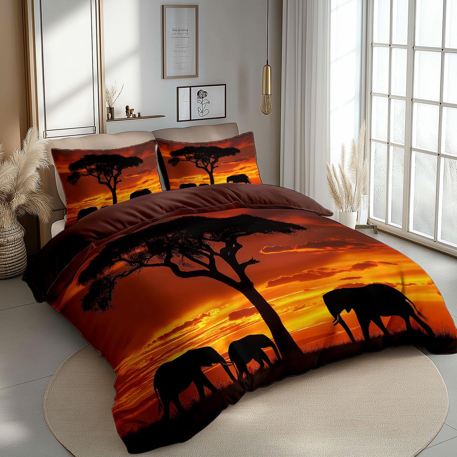 King Size Printed Duvet Cover Set Premium Brushed Microfiber Bedding Set With Zipper Closure Ultrasoft Hypoallergenic Reversible Russet Duvet Covers Non Iron African Savannah Elephant